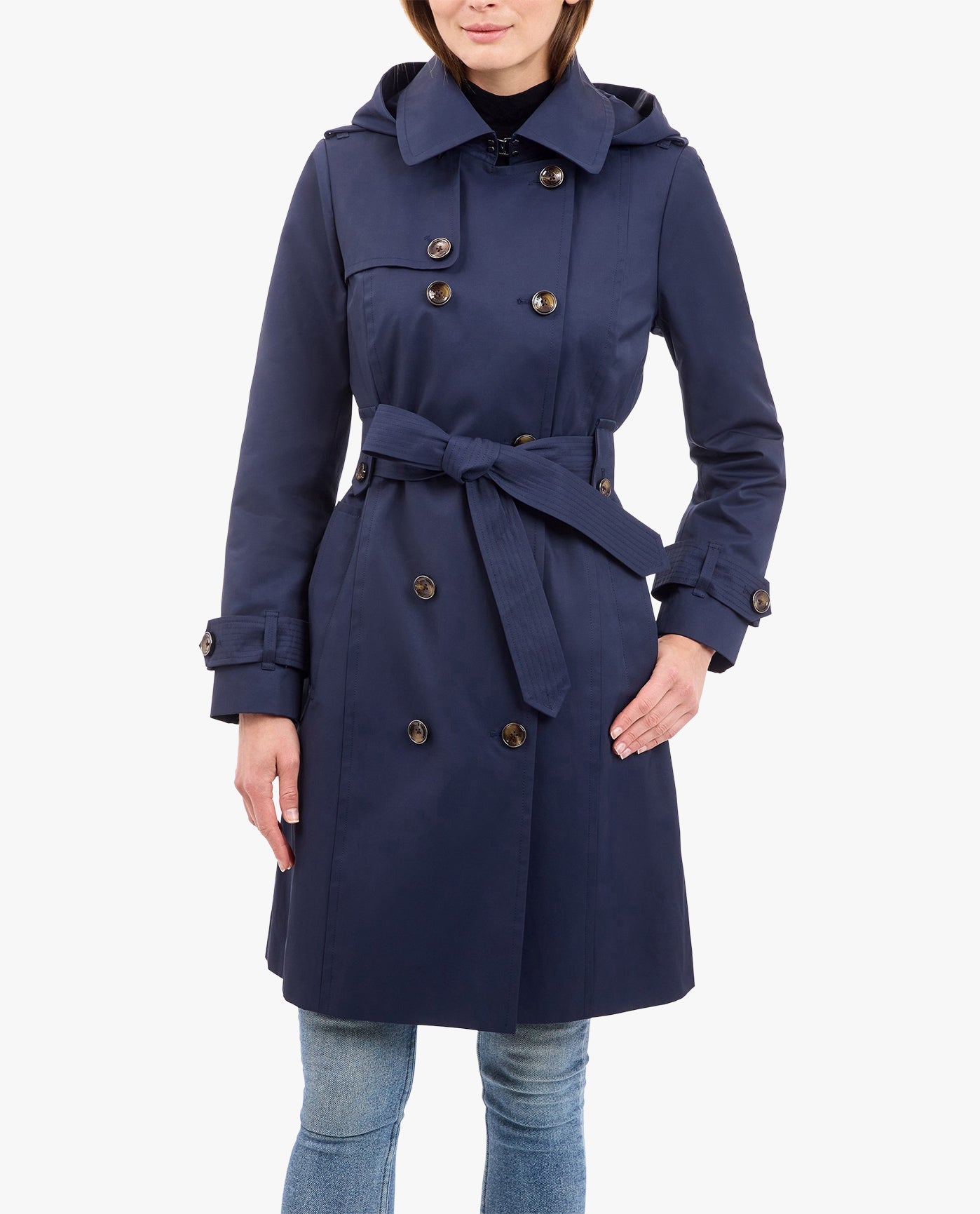 FRONT OF DOUBLE BREASTED TRENCH WITH BUTTON OFF HOOD | MIDNIGHT NAVY