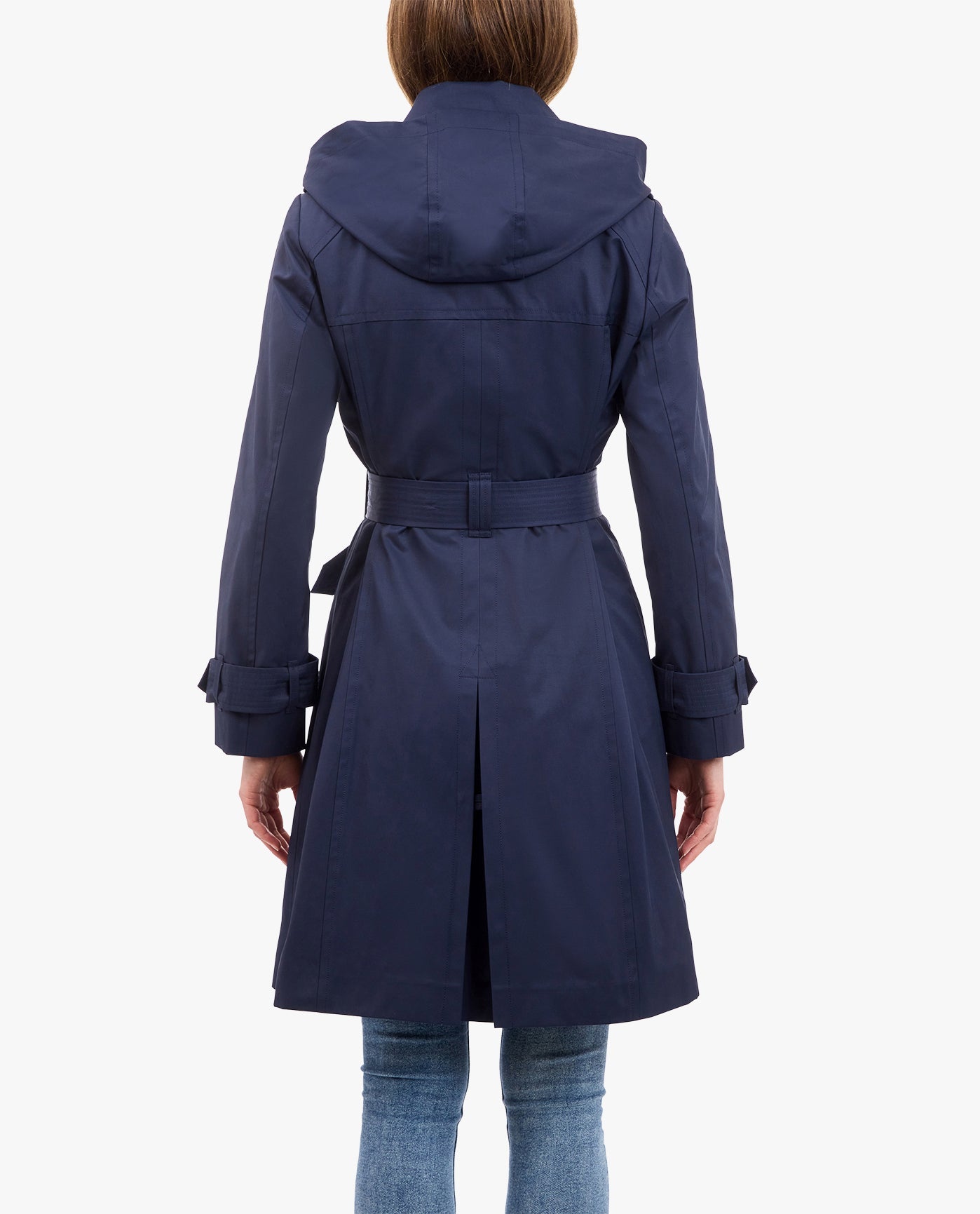 BACK OF DOUBLE BREASTED TRENCH WITH BUTTON OFF HOOD | MIDNIGHT NAVY