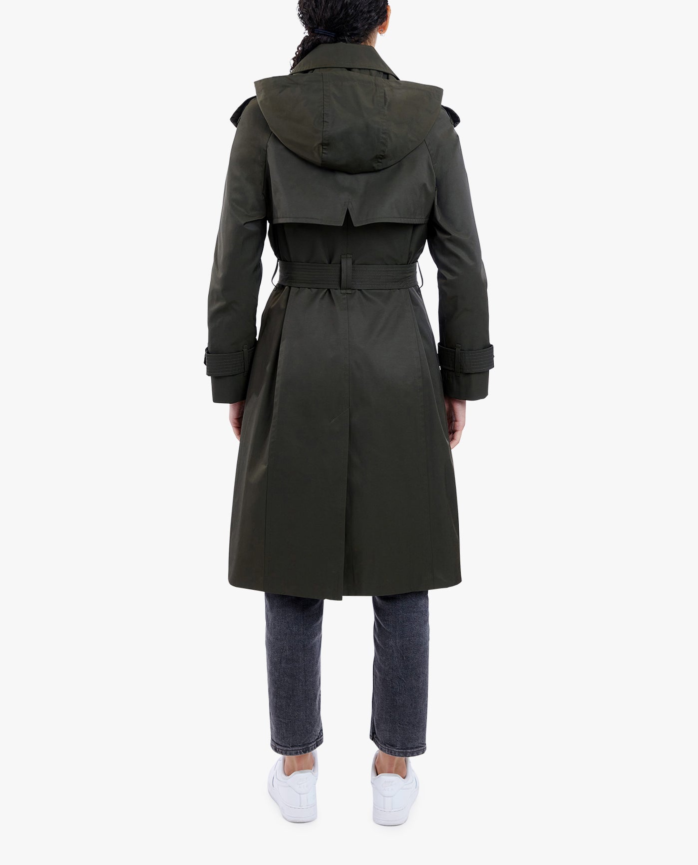 BACK OF DOUBLE BREASTED RAGLAN TRENCH | DARK OLIVE