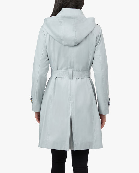 BACK VIEW OF DOUBLE BREASTED HOODED TRENCH COAT WITH WAIST BELT | CLOUD