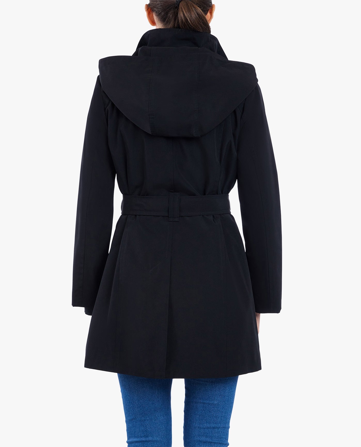 BACK OF ZIP FRONT HIGH-NECK HOODED TRENCH WITH BELT | BLACK