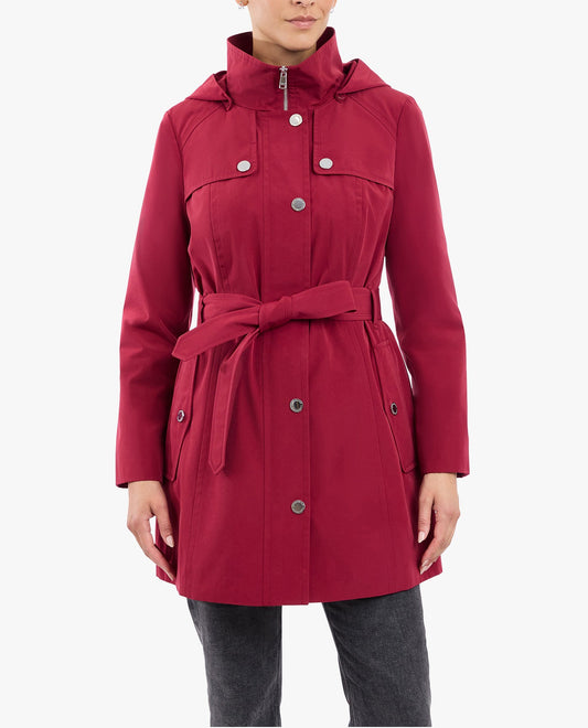 FRONT OF ZIP FRONT HIGH-NECK HOODED TRENCH WITH BELT | CRANBERRY