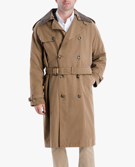 FRONT VIEW OF CLASSIC DOUBLE BREASTED TRENCH COAT | BRITISH KHAKI