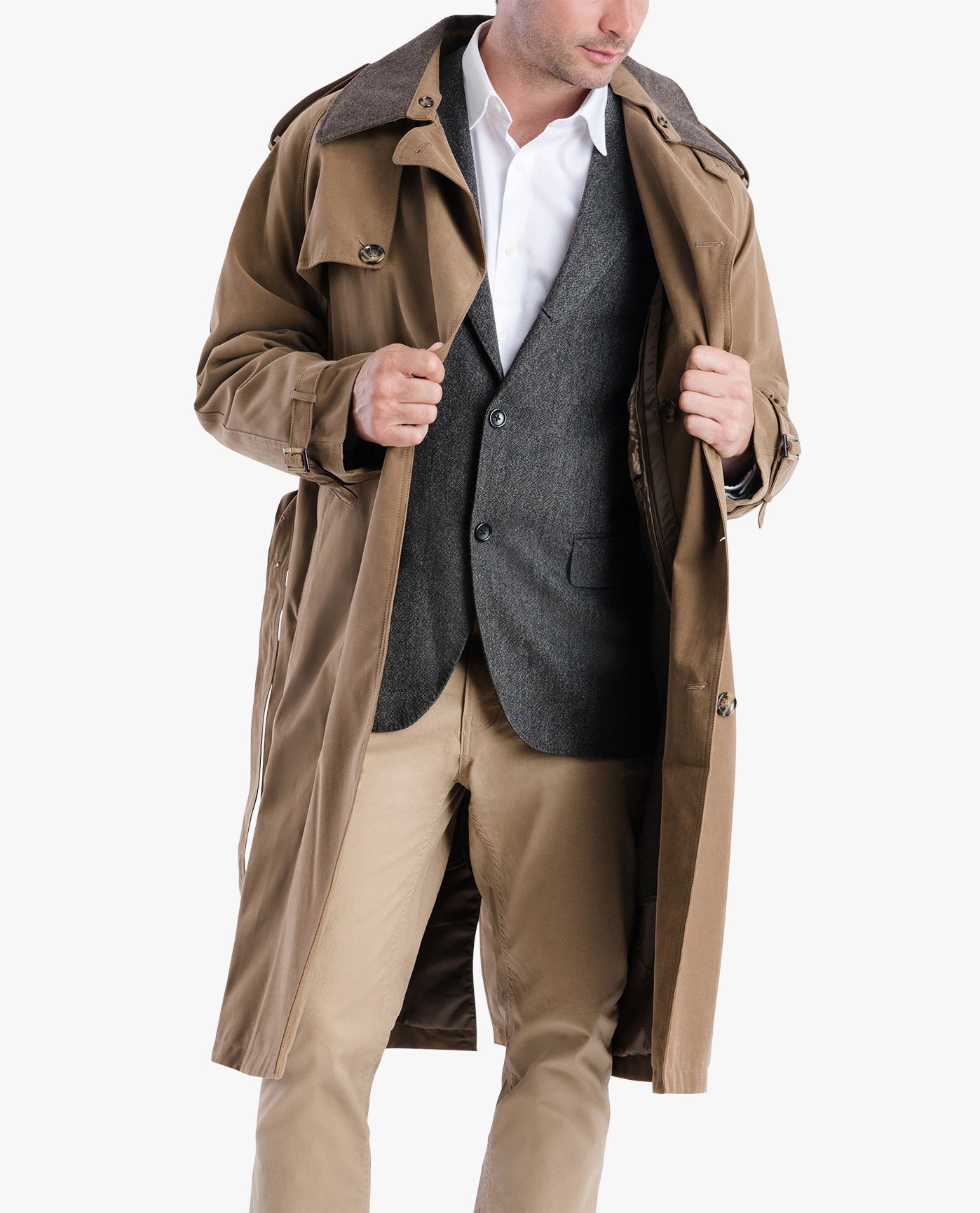 ALT VIEW OF CLASSIC DOUBLE BREASTED TRENCH COAT | BRITISH KHAKI