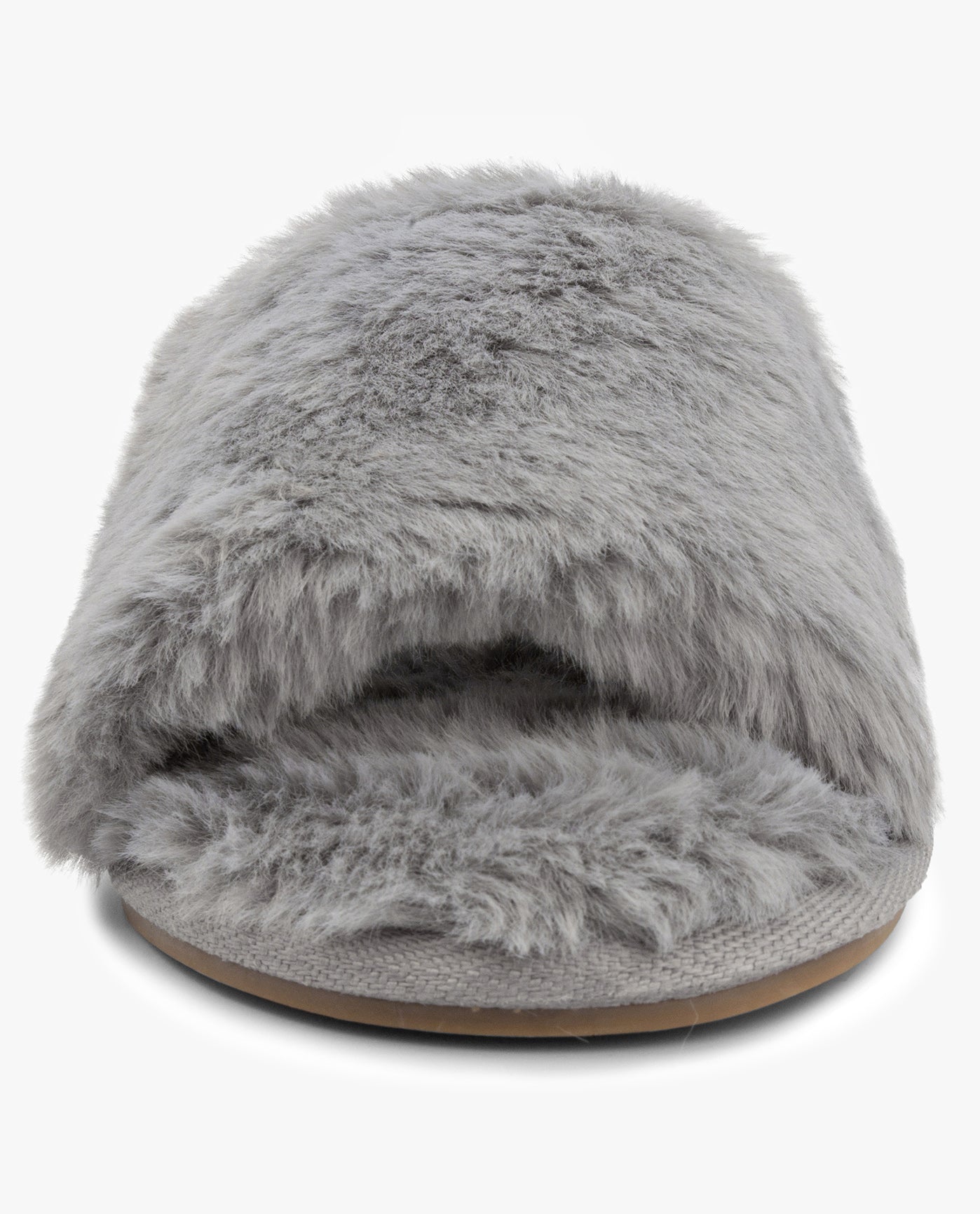 FRONT IMAGE OF WOMENS LILLY OPEN TOE FAUX FUR SLIPPER | ESO_GREY_020