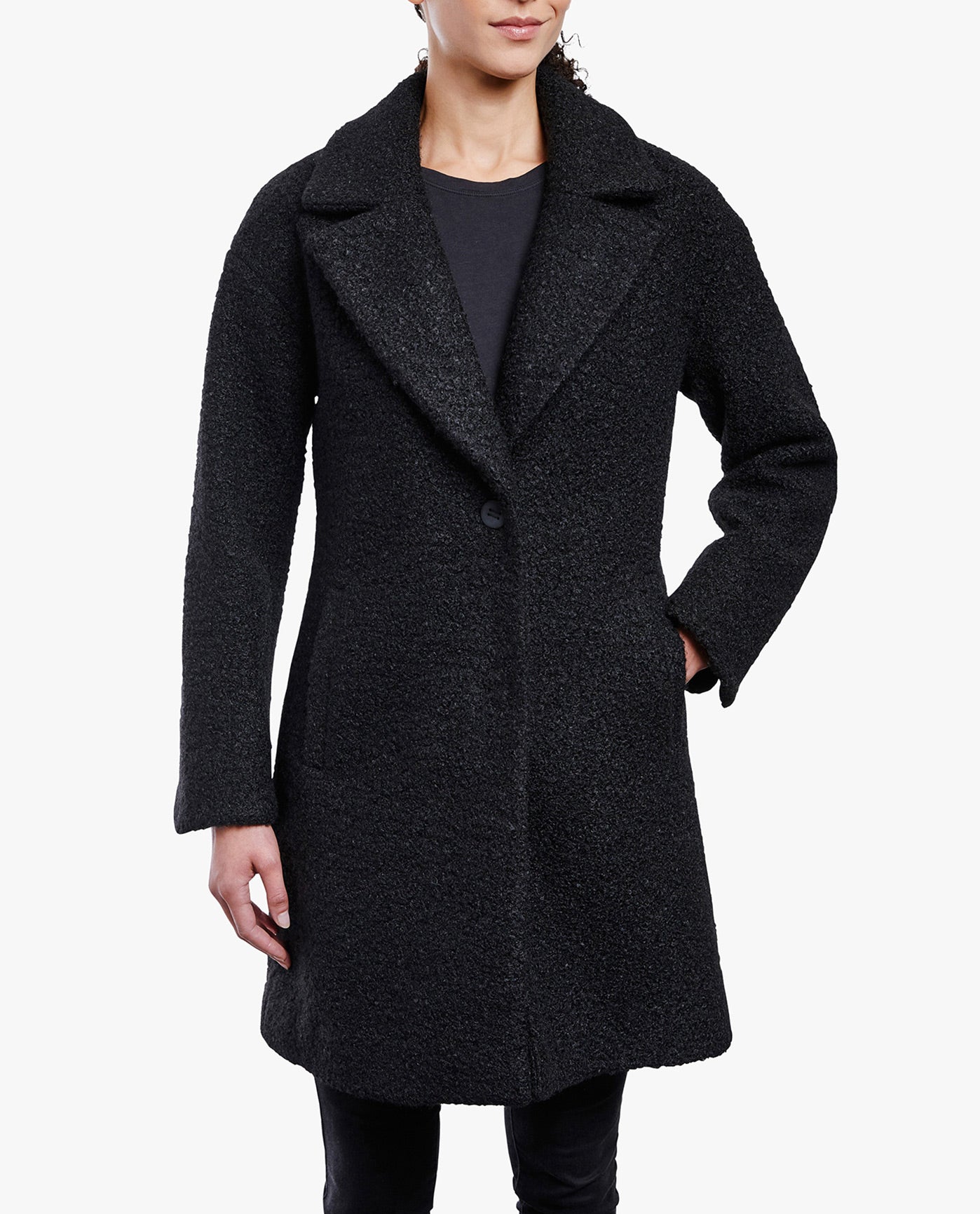Front View Of SINGLE BUTTON-FRONT 35 INCH PEACOAT | BLACK