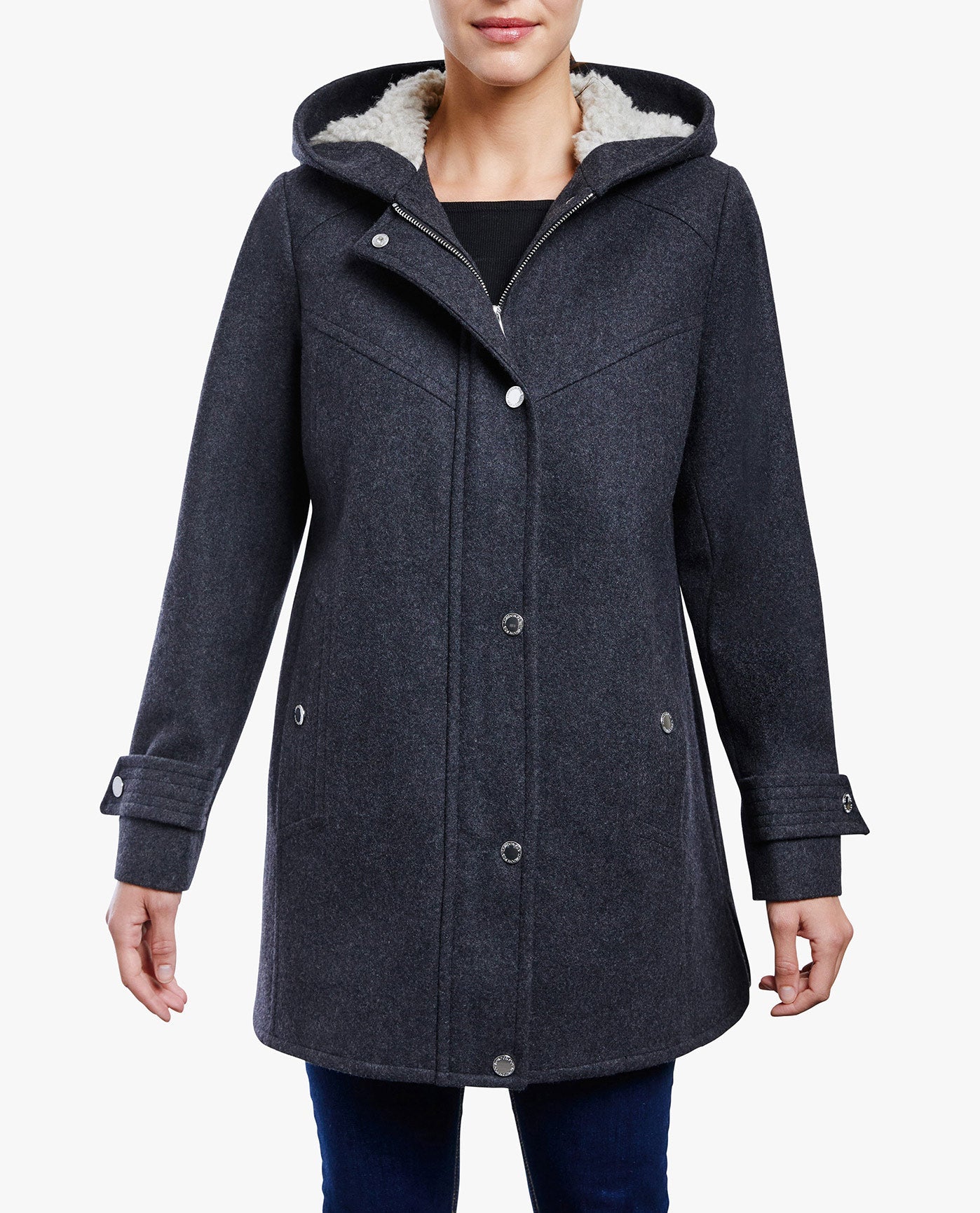 Front View Of ZIP-FRONT SHERPA LINED HOOD 31 INCH WOOL JACKET | CHARCOAL