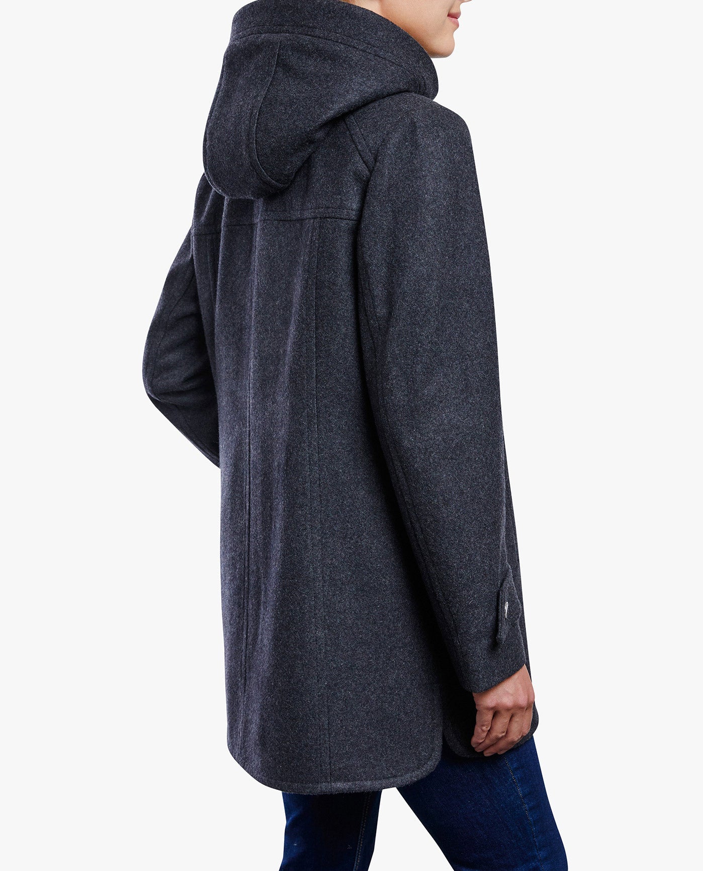 Back View Of ZIP-FRONT SHERPA LINED HOOD 31 INCH WOOL JACKET | CHARCOAL