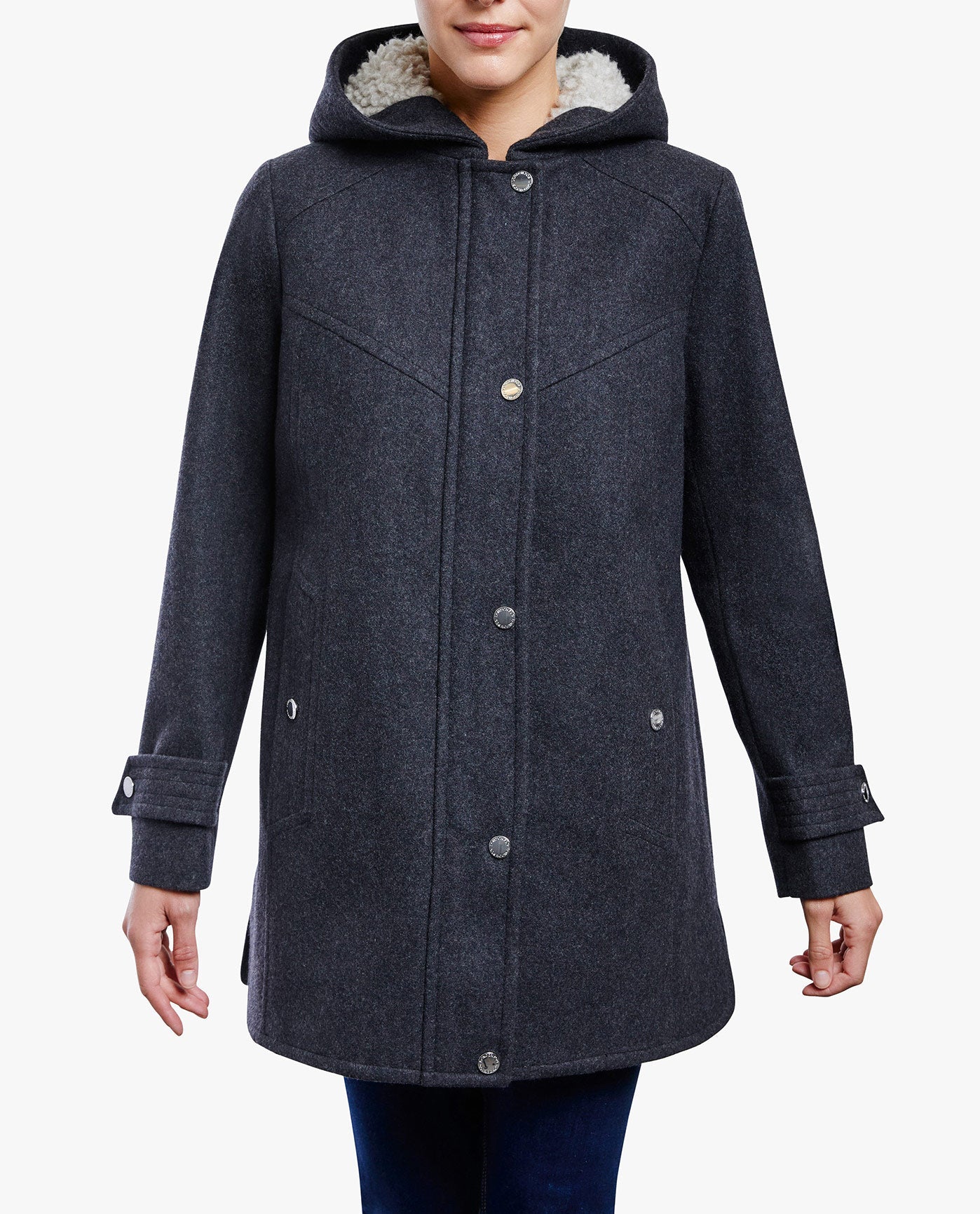 Closed View Of ZIP-FRONT SHERPA LINED HOOD 31 INCH WOOL JACKET | CHARCOAL