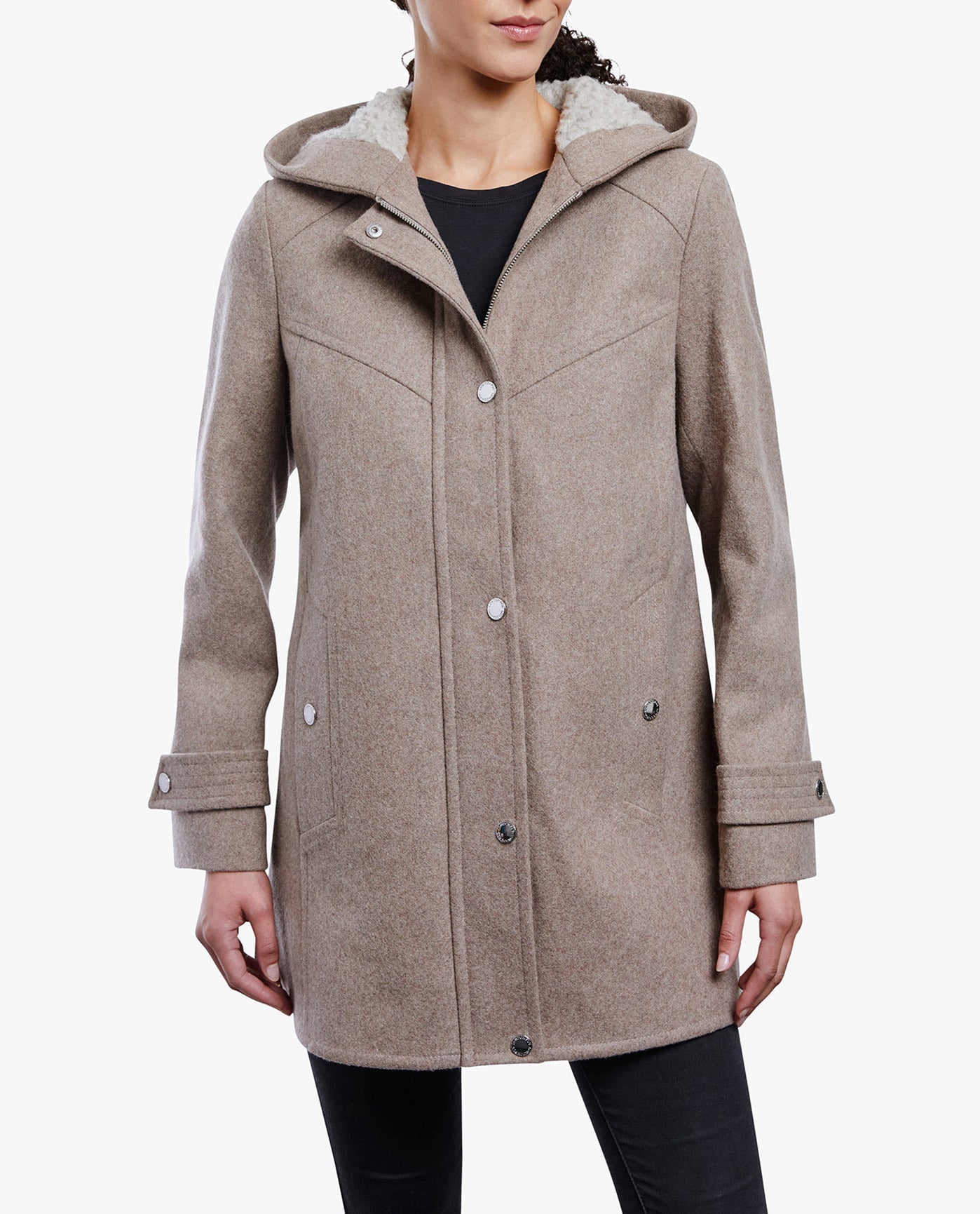 Front View Of ZIP-FRONT SHERPA LINED HOOD 31 INCH WOOL JACKET | TAUPE HEATHER