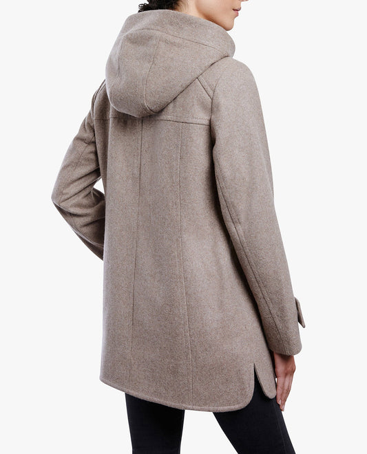 Back View Of ZIP-FRONT SHERPA LINED HOOD 31 INCH WOOL JACKET | TAUPE HEATHER