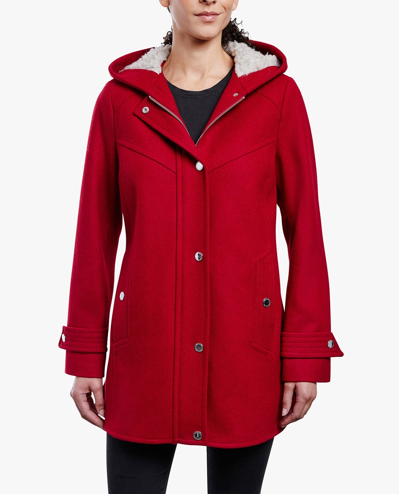 Front View Of ZIP-FRONT SHERPA LINED HOOD 31 INCH WOOL JACKET | RED