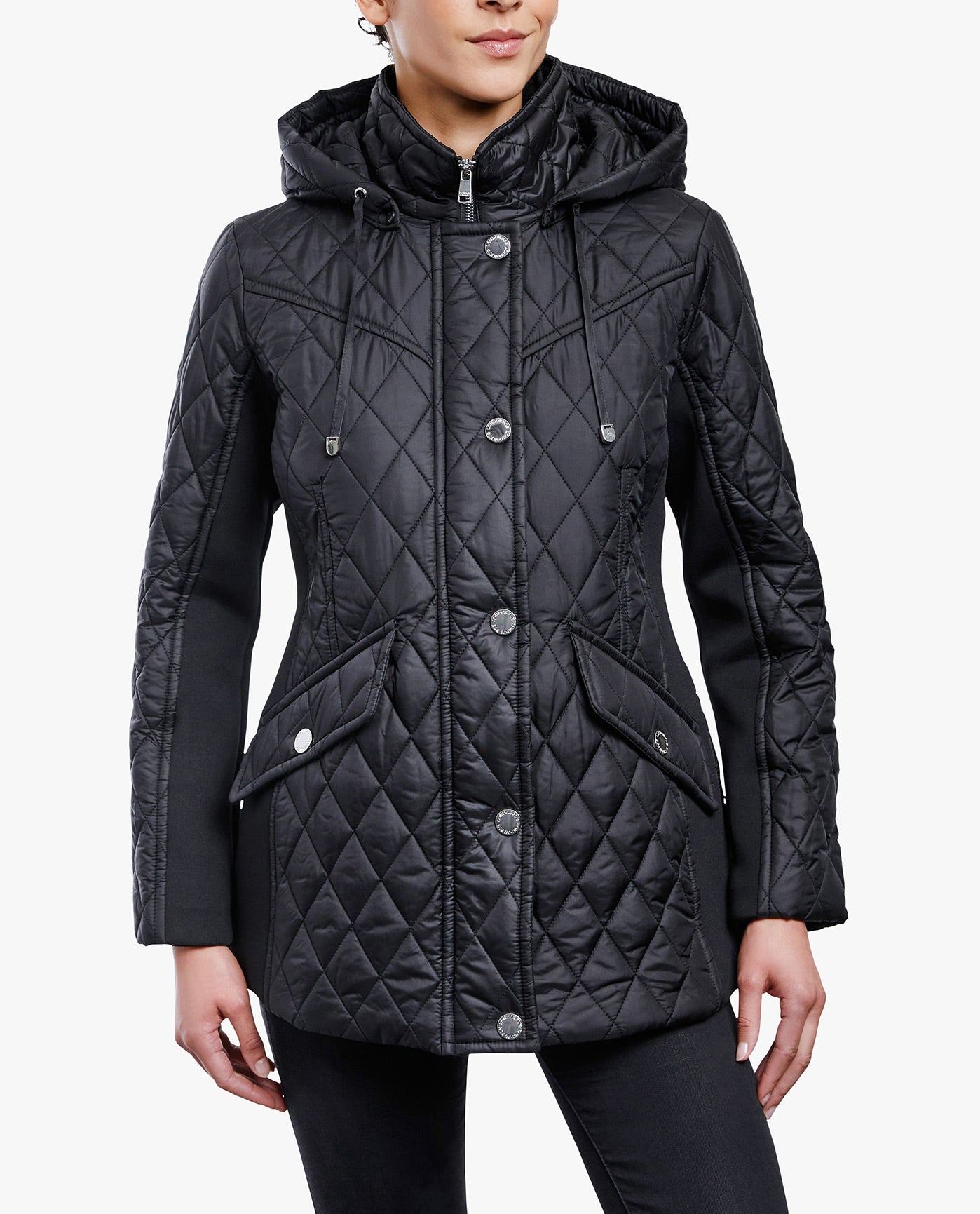 FRONT OF ZIP FRONT HOODED QUILTED JACKET | BLACK