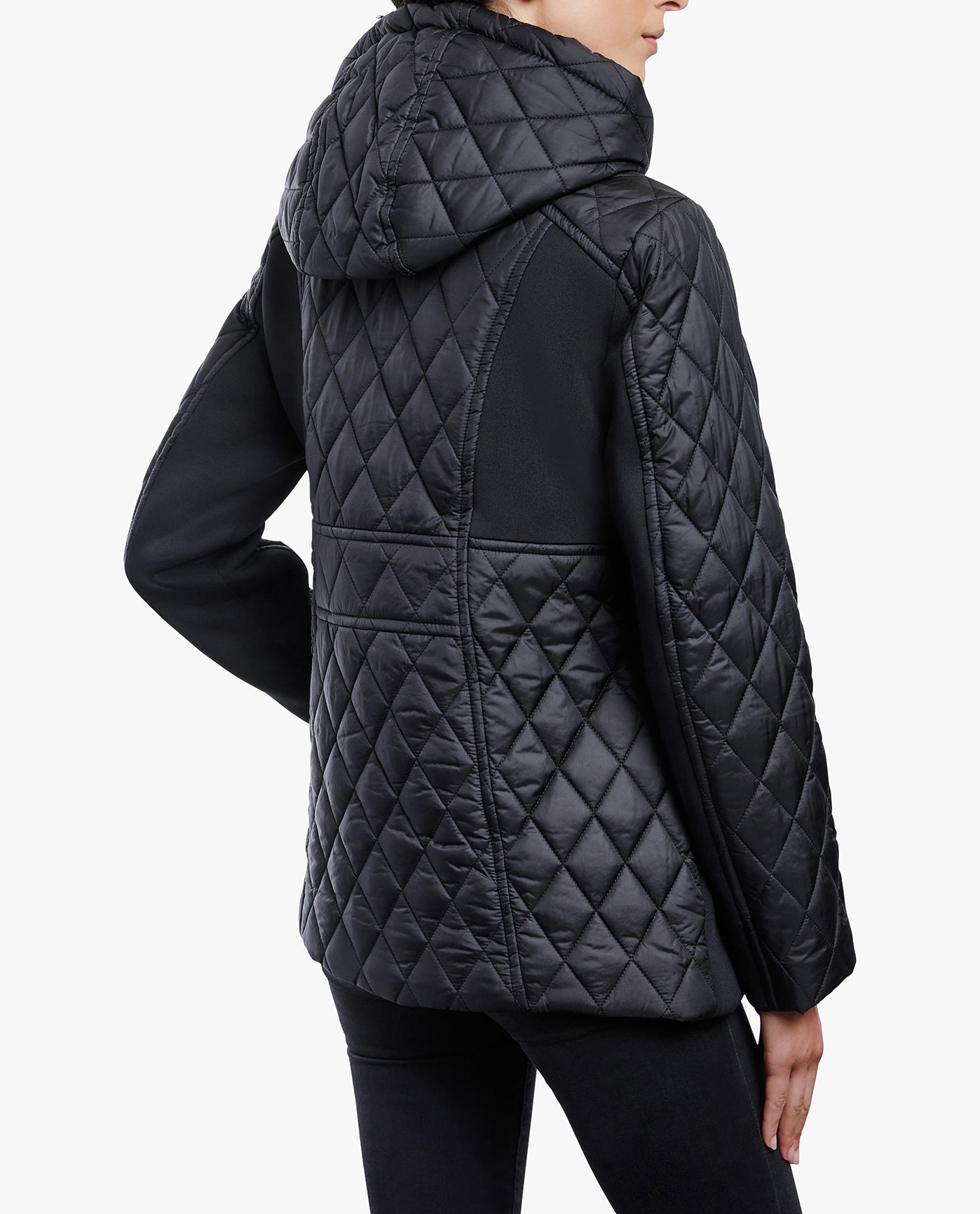 BACK OF  ZIP FRONT HOODED QUILTED JACKET | BLACK