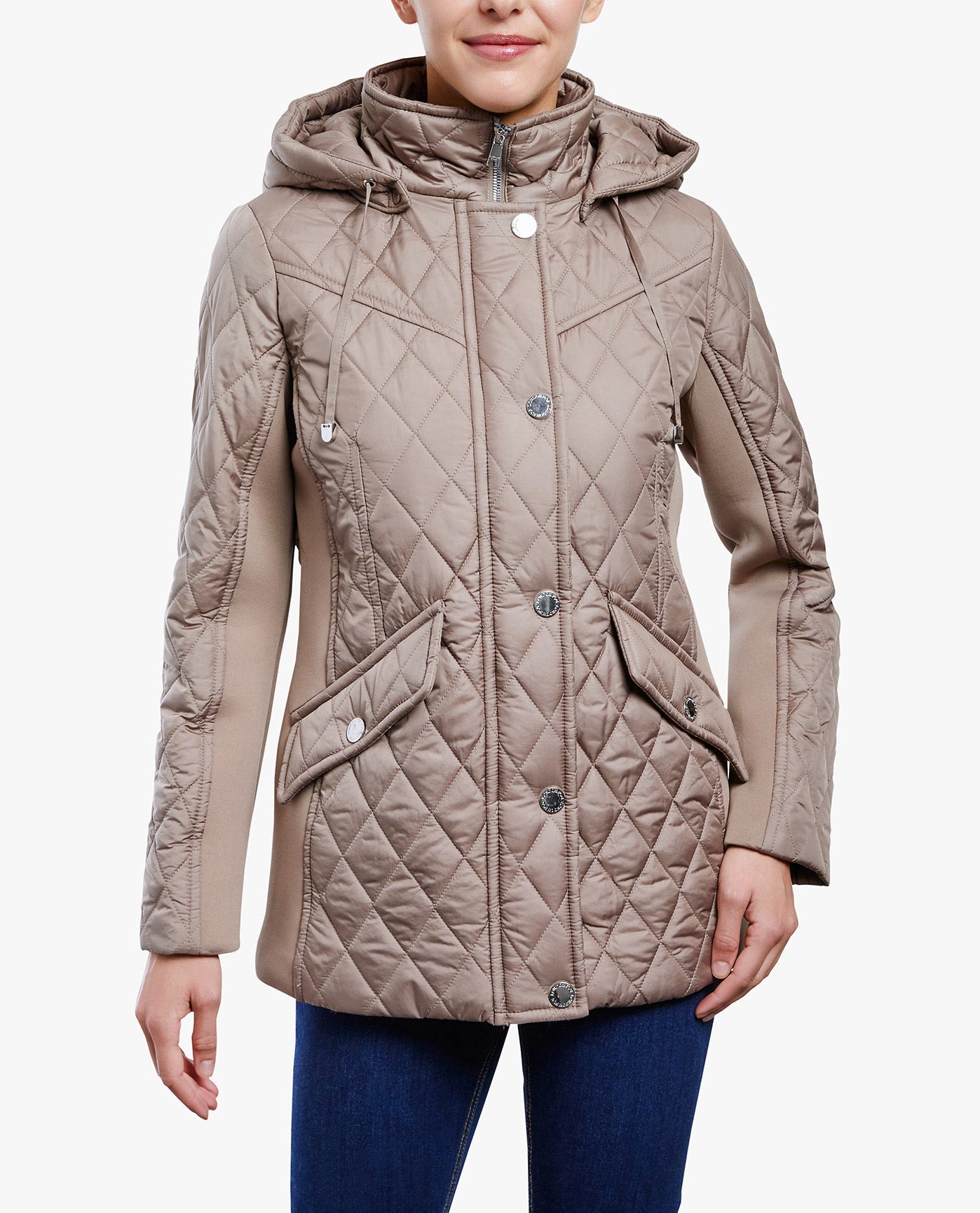 FRONT OF ZIP FRONT HOODED QUILTED JACKET | TRUFFLE