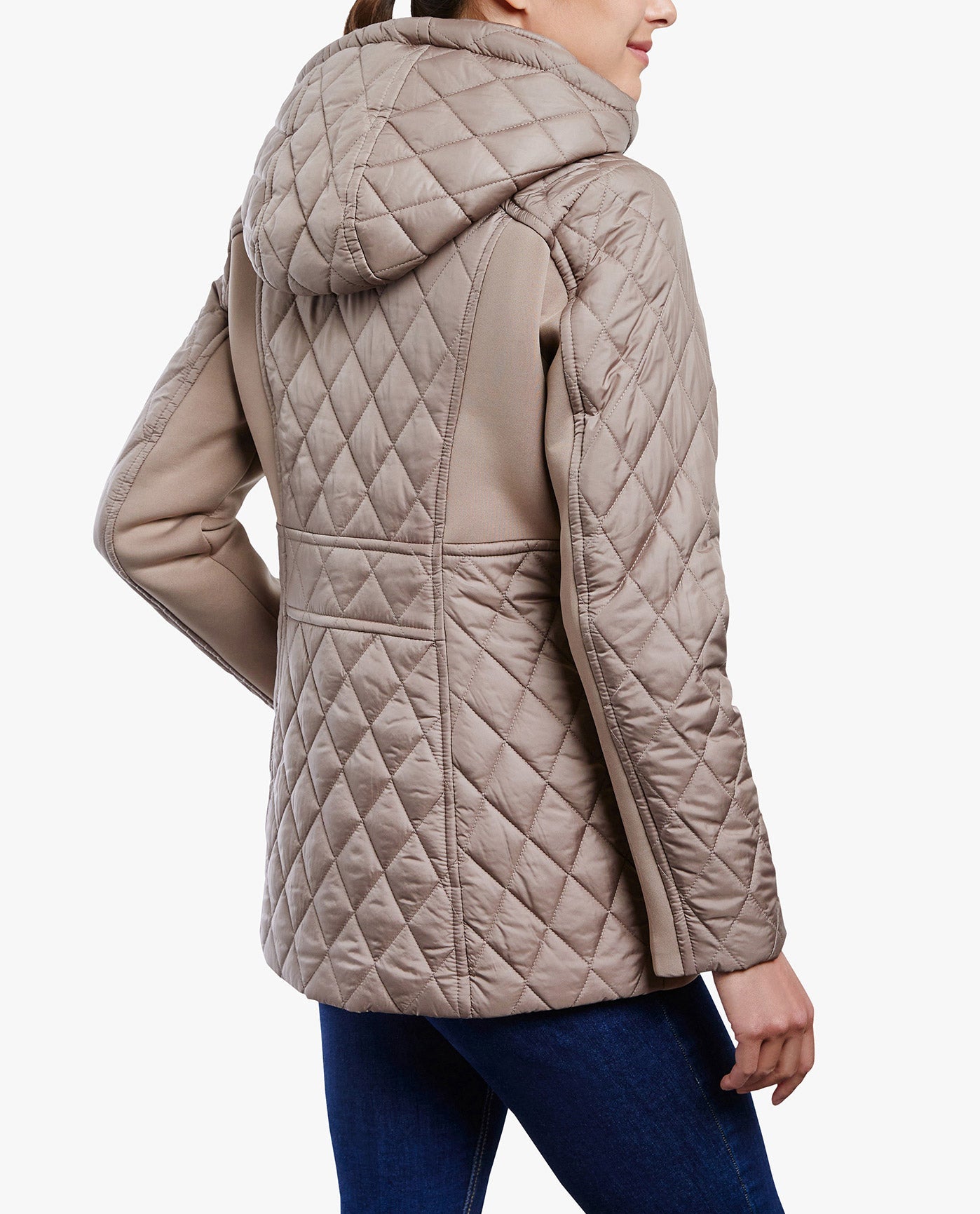 BACK OF  ZIP FRONT HOODED QUILTED JACKET | TRUFFLE