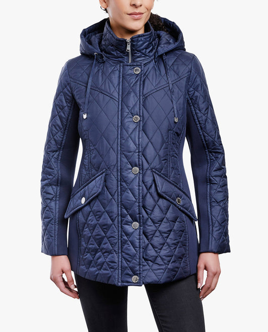 FRONT OF ZIP FRONT HOODED QUILTED JACKET | NAVY