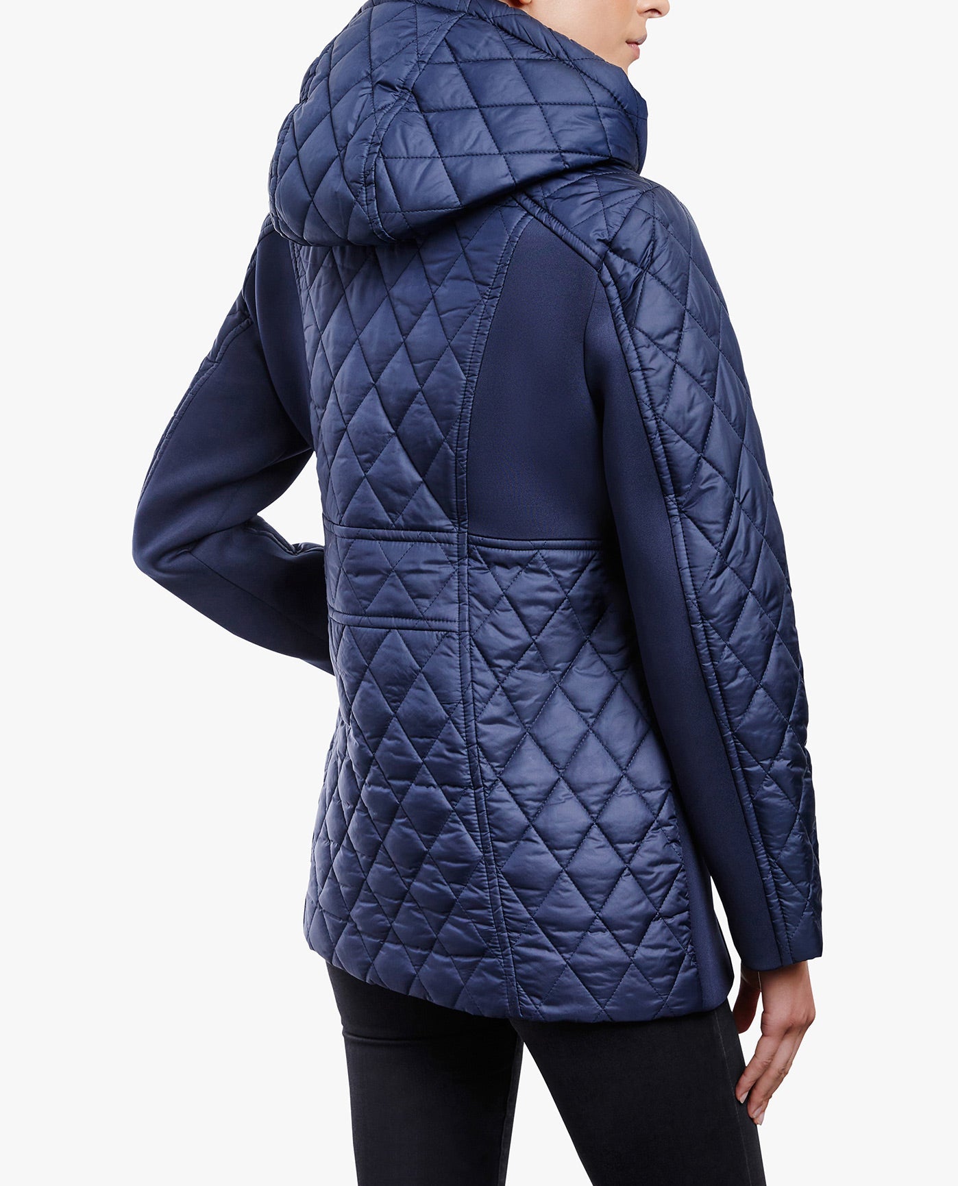 BACK OF  ZIP FRONT HOODED QUILTED JACKET | NAVY