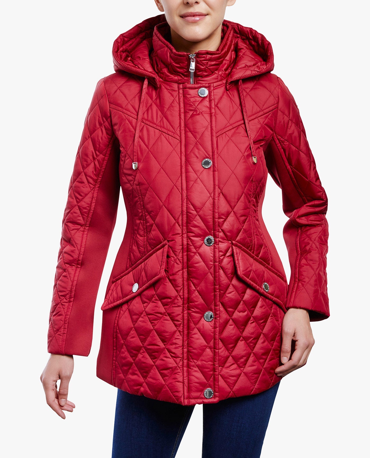 FRONT OF ZIP FRONT HOODED QUILTED JACKET | CHILI
