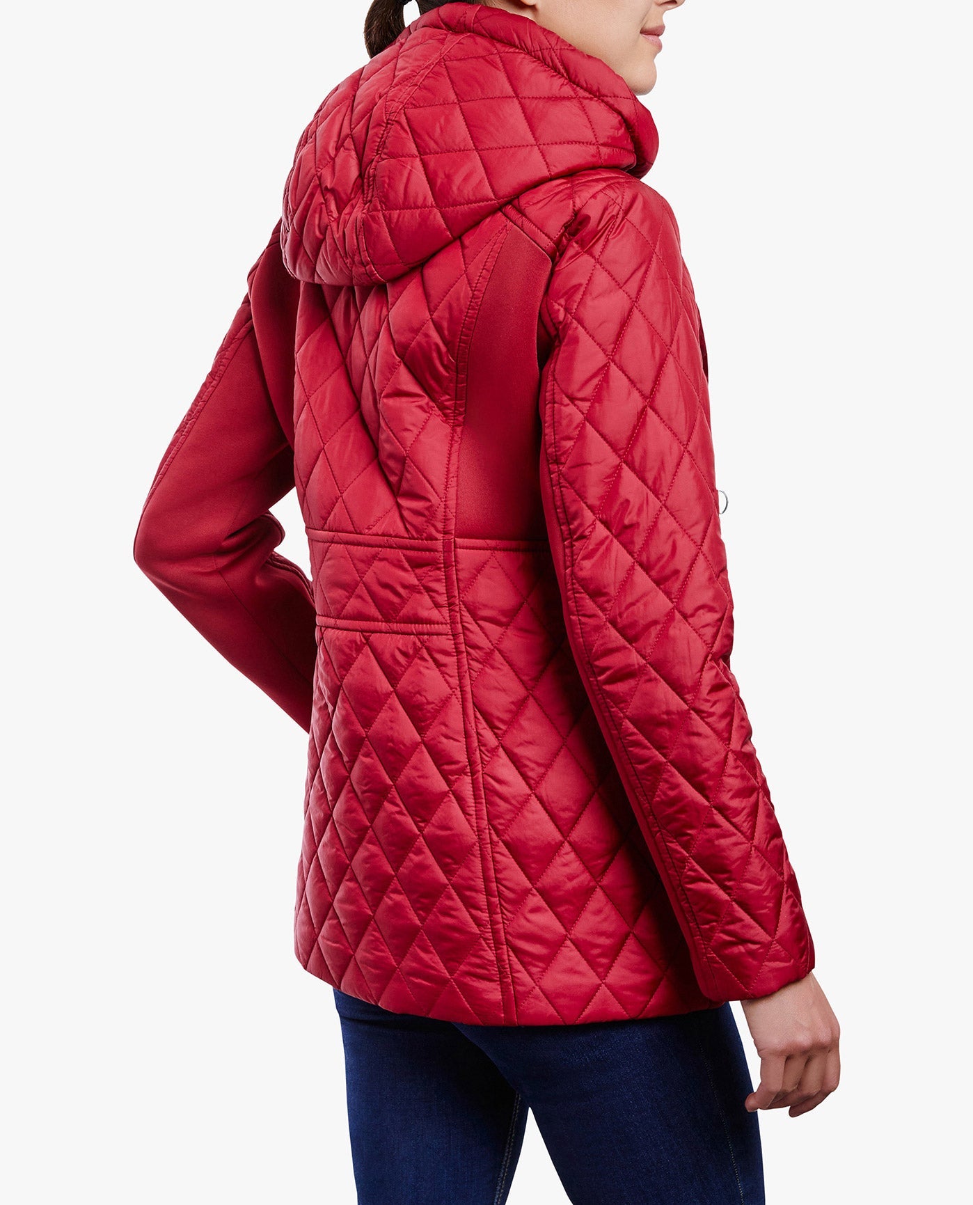BACK OF  ZIP FRONT HOODED QUILTED JACKET | CHILI