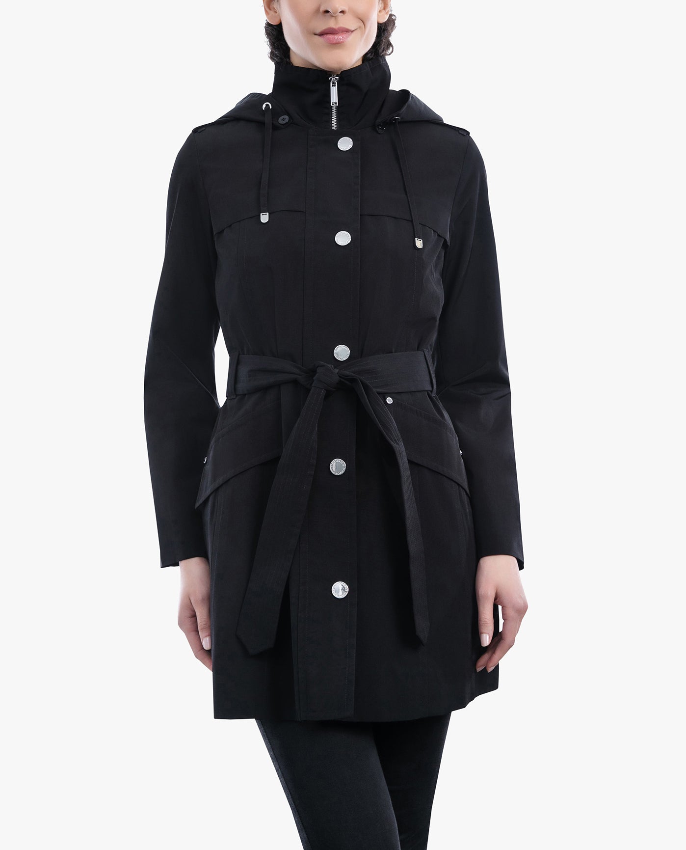FRONT OF ZIP FRONT HOODED TRENCH WITH BELT | BLACK