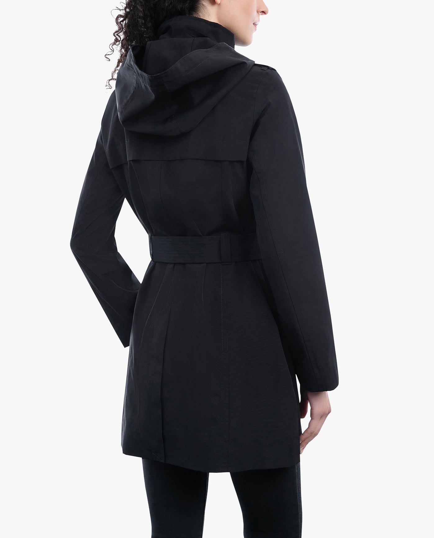 BACK OF  ZIP FRONT HOODED TRENCH WITH BELT | BLACK