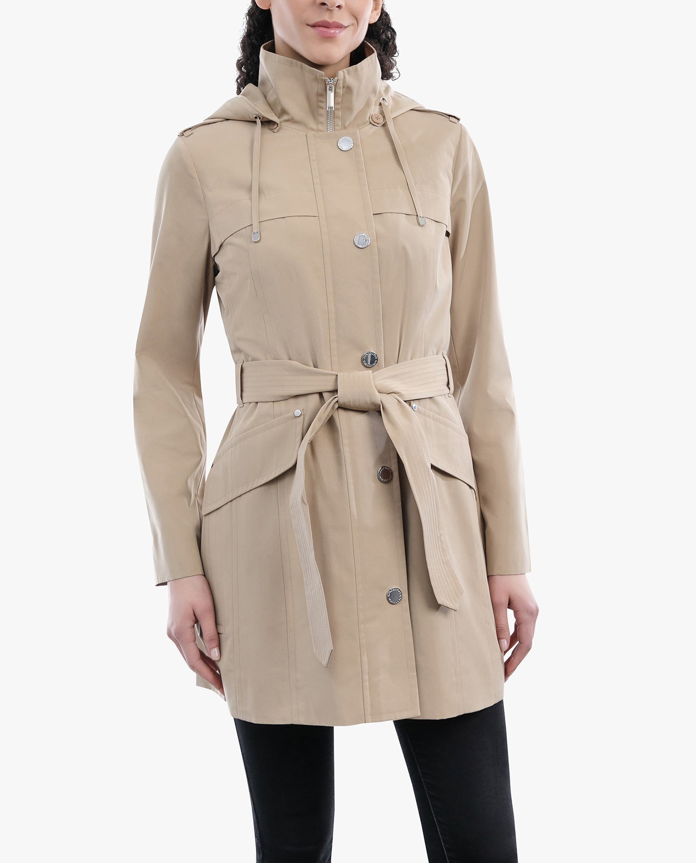 FRONT OF ZIP FRONT HOODED TRENCH WITH BELT | BROWN KHAKI