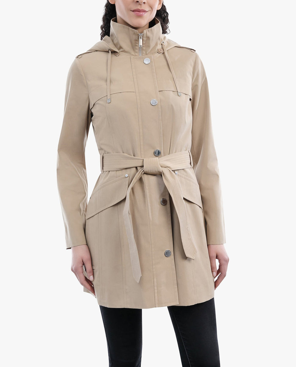 ZIP FRONT HOODED TRENCH WITH BELT