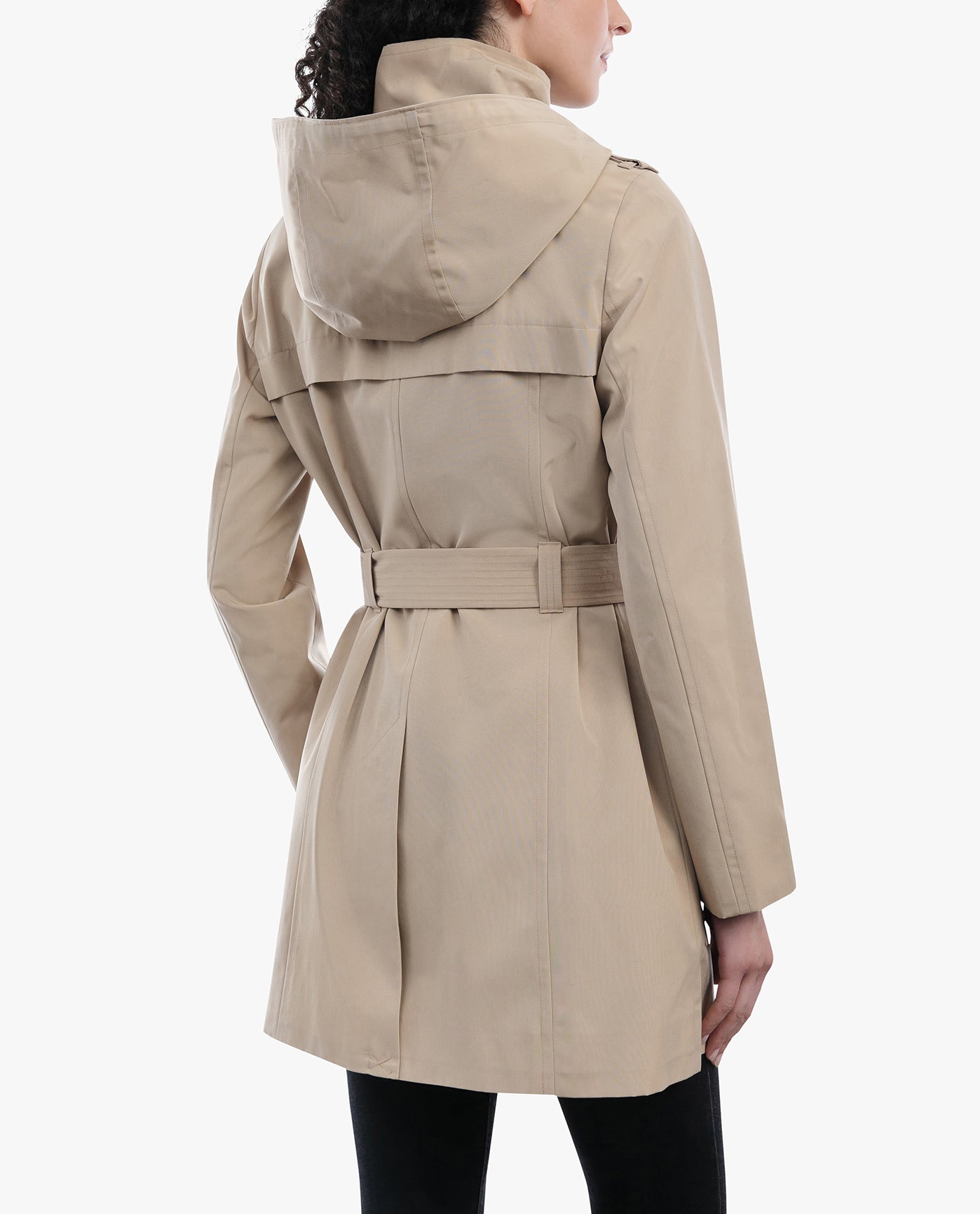 BACK OF  ZIP FRONT HOODED TRENCH WITH BELT | BROWN KHAKI