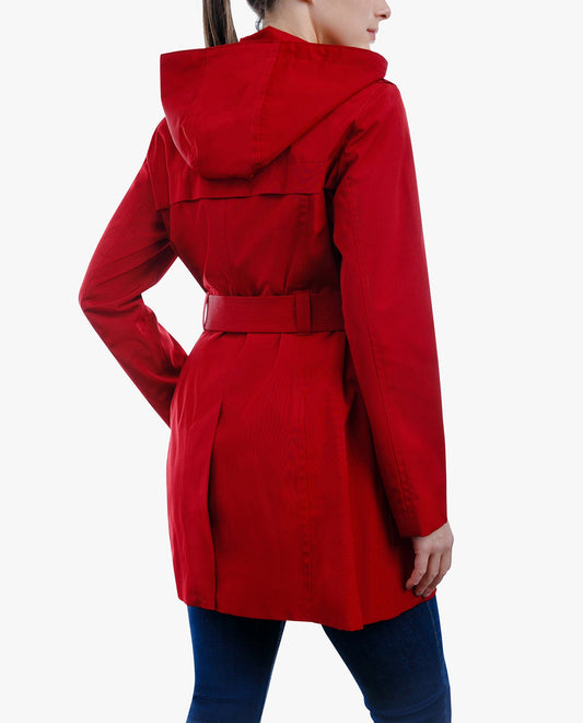 BACK OF  ZIP FRONT HOODED TRENCH WITH BELT | CHILI