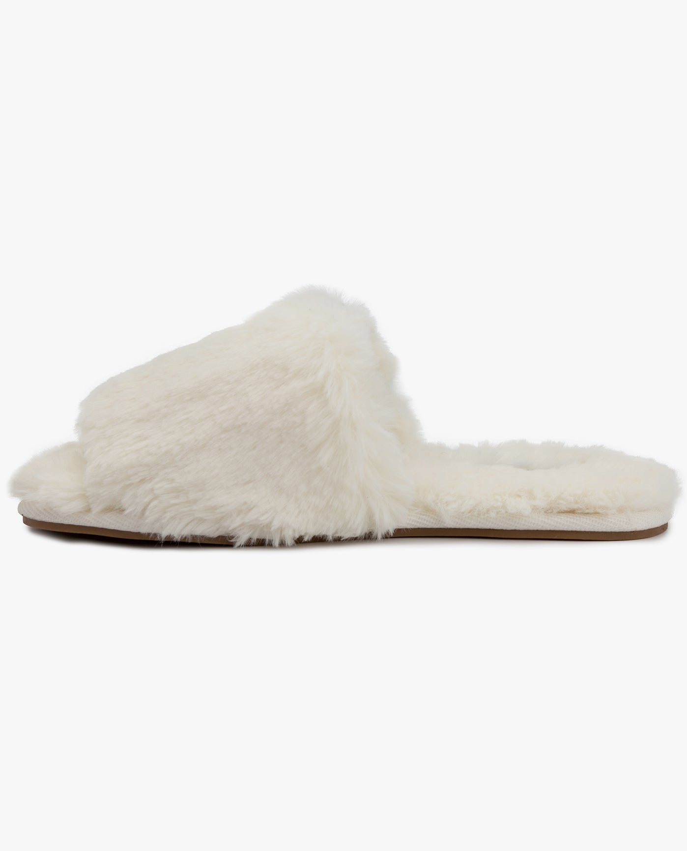 LEFT SIDE VIEW  OF WOMENS LILLY OPEN TOE FAUX FUR SLIPPER | ESO_IVORY_100