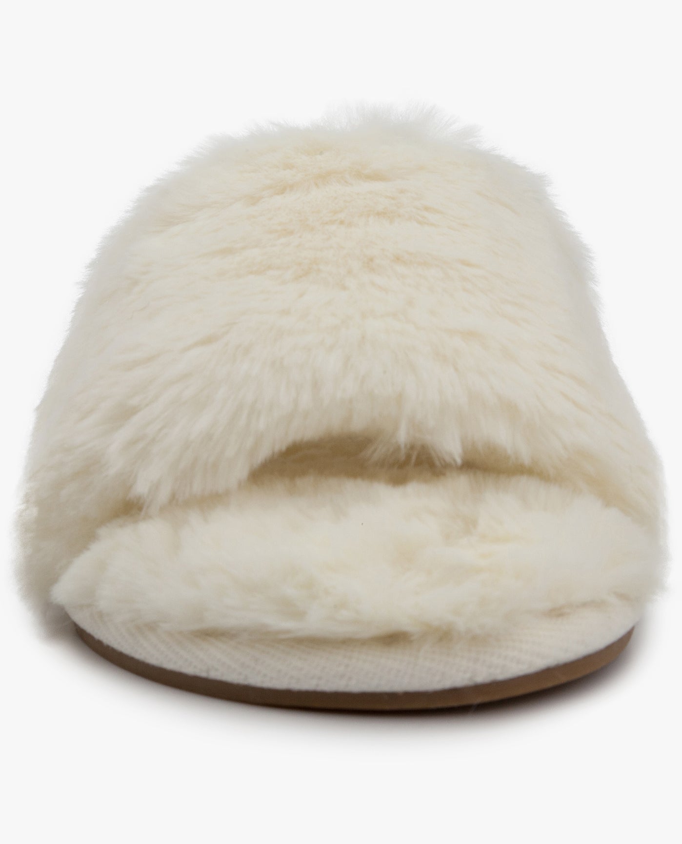 FRONT VIEW  OF WOMENS LILLY OPEN TOE FAUX FUR SLIPPER | ESO_IVORY_100