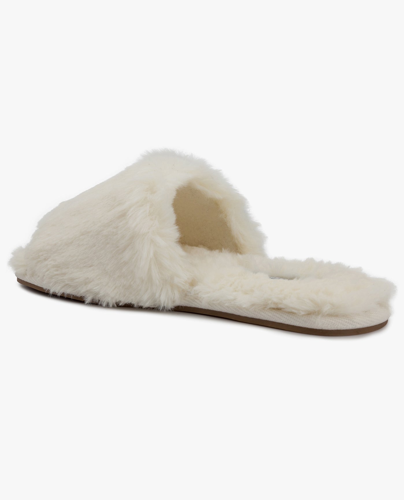 SIDE BACK VIEW OF WOMENS LILLY OPEN TOE FAUX FUR SLIPPER | ESO_IVORY_100