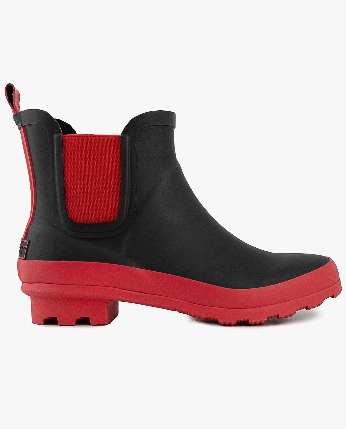 SIDE VIEW  OF WOMENS WEMBLEY ANKLE RAINBOOT | ESO_BLACK RED_001