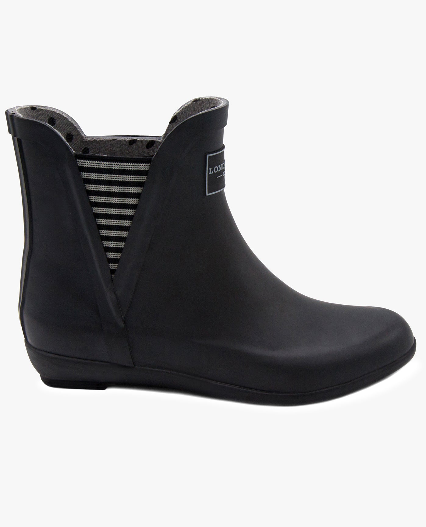 SIDE VIEW  OF WOMENS PICCADILLY ANKLE RAINBOOT | ESO_BLACK_009