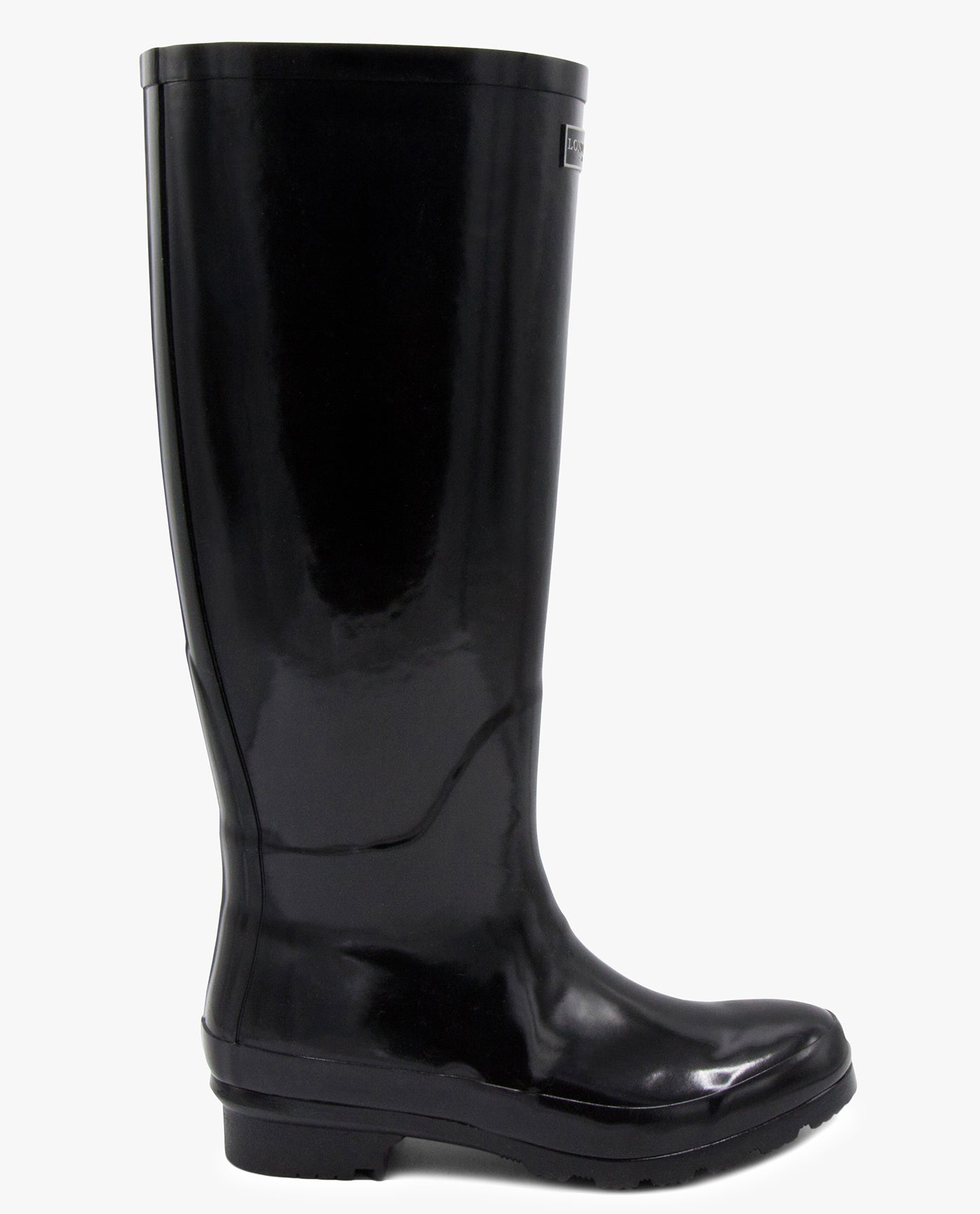 SIDE VIEW  OF WOMENS THAMES TALL RAINBOOT | ESO_SHINY BLACK_005