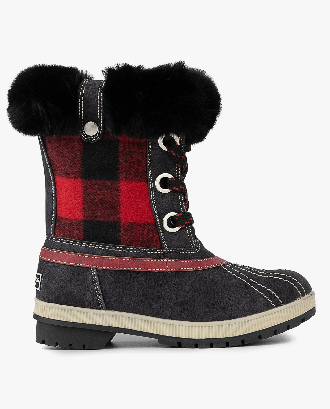 SIDE VIEW  OF WOMENS MILLY WINTER BOOT | ESO_BLACK RED_006