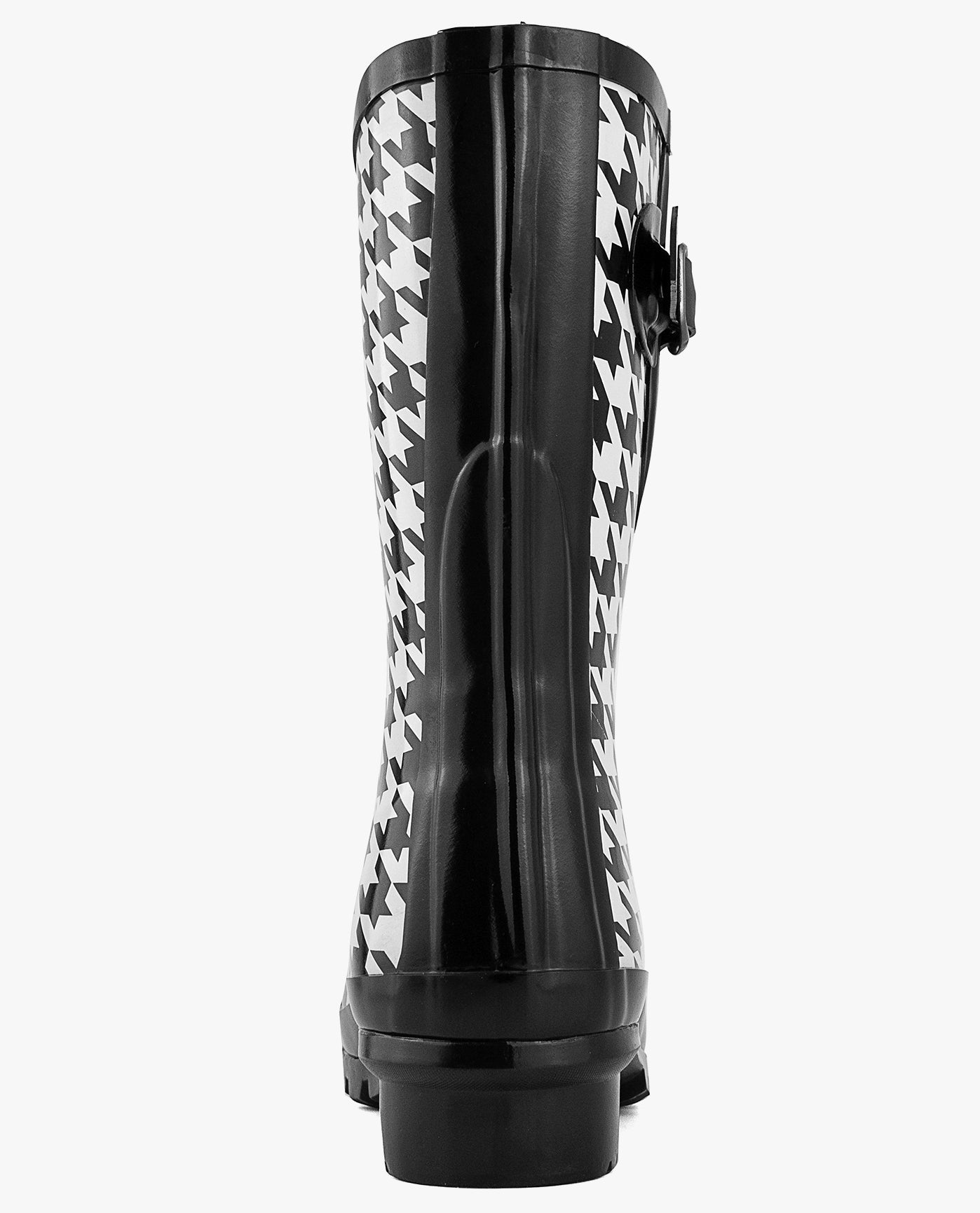 BACK VIEW  OF WOMENS TALLY RAINBOOT | ESO_BLACK WHITE HOUNDSTOOTH_001