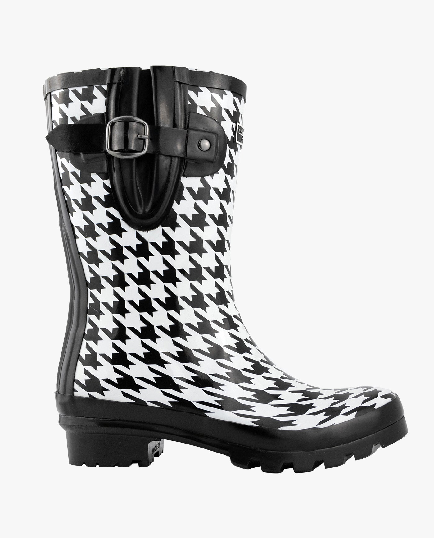 SIDE VIEW  OF WOMENS TALLY RAINBOOT | ESO_BLACK WHITE HOUNDSTOOTH_001