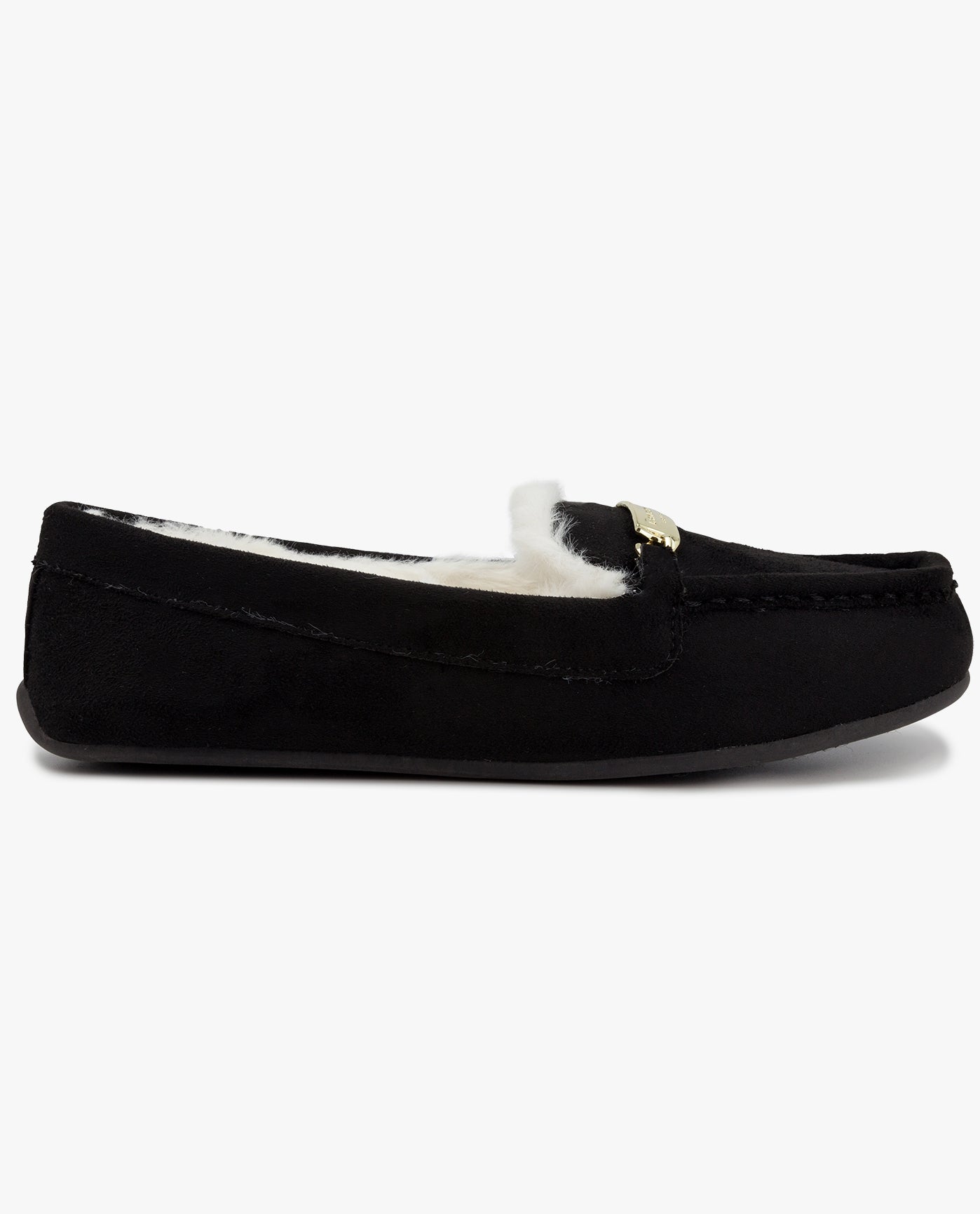 SIDE VIEW  OF WOMENS LISA MOCCASIN SLIPPER | ESO_BLACK_001
