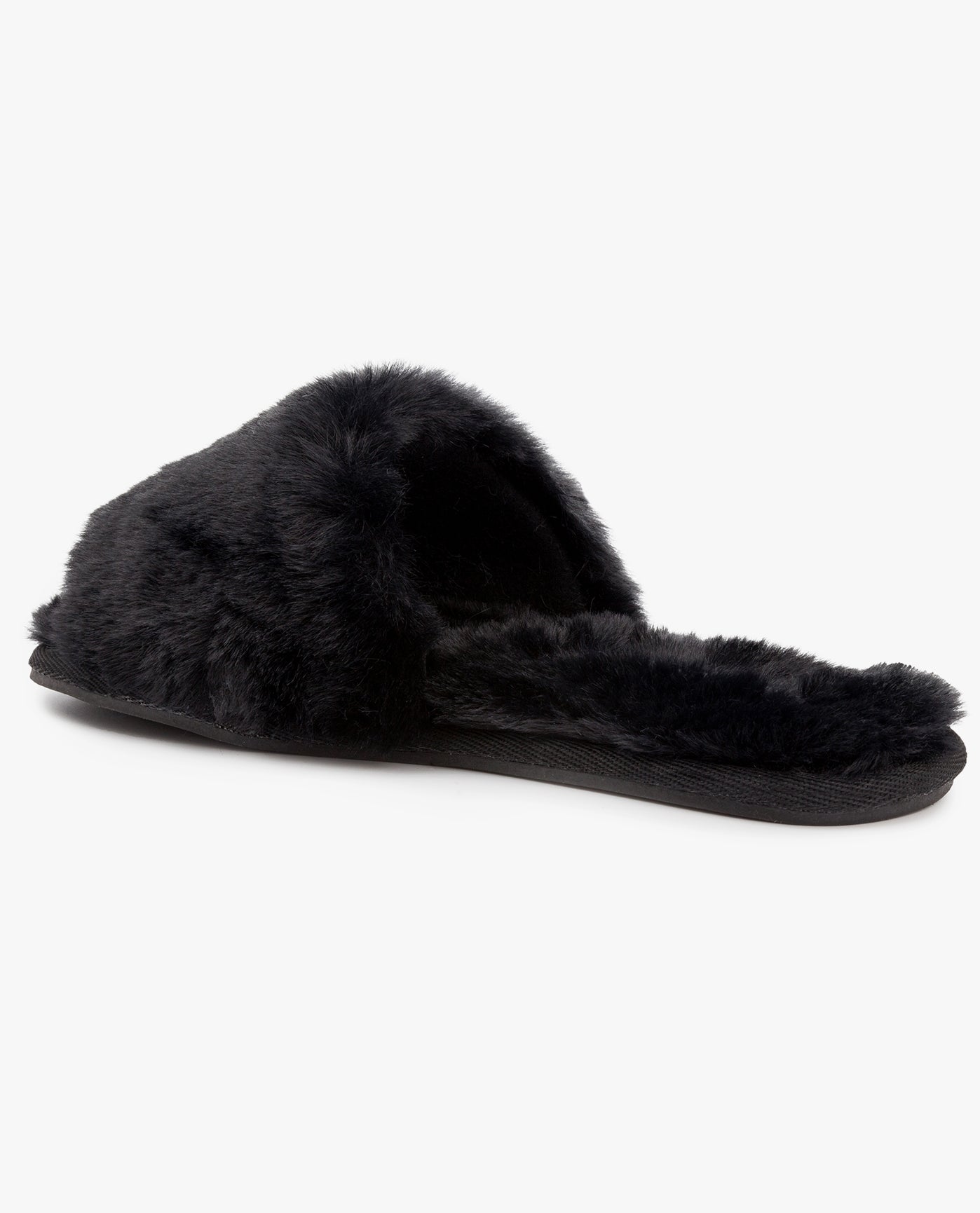 SIDE BACK VIEW  OF WOMENS LILLY OPEN TOE FAUX FUR SLIPPER | ESO_BLACK_001