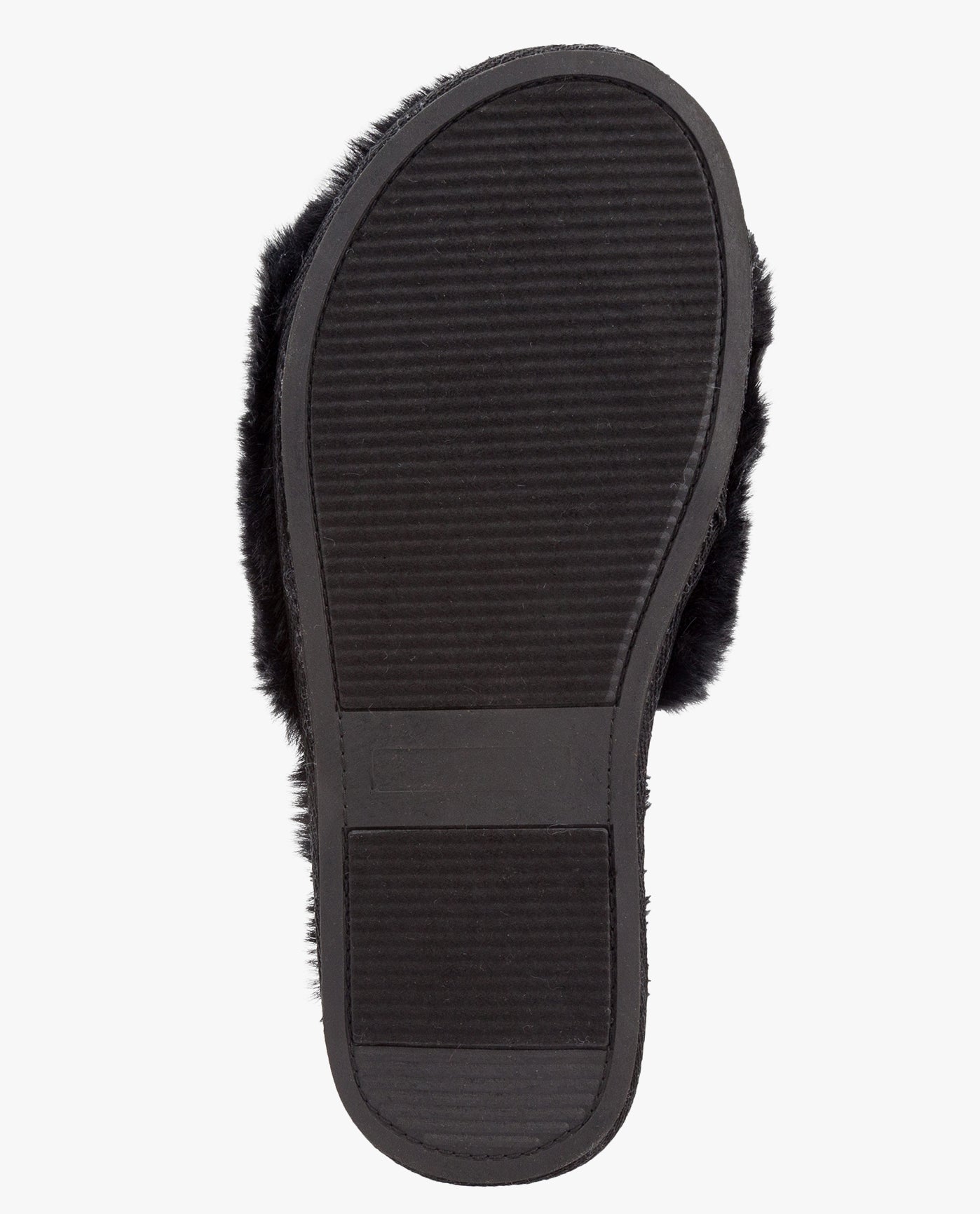 BOTTOM VIEW  OF WOMENS LILLY OPEN TOE FAUX FUR SLIPPER | ESO_BLACK_001