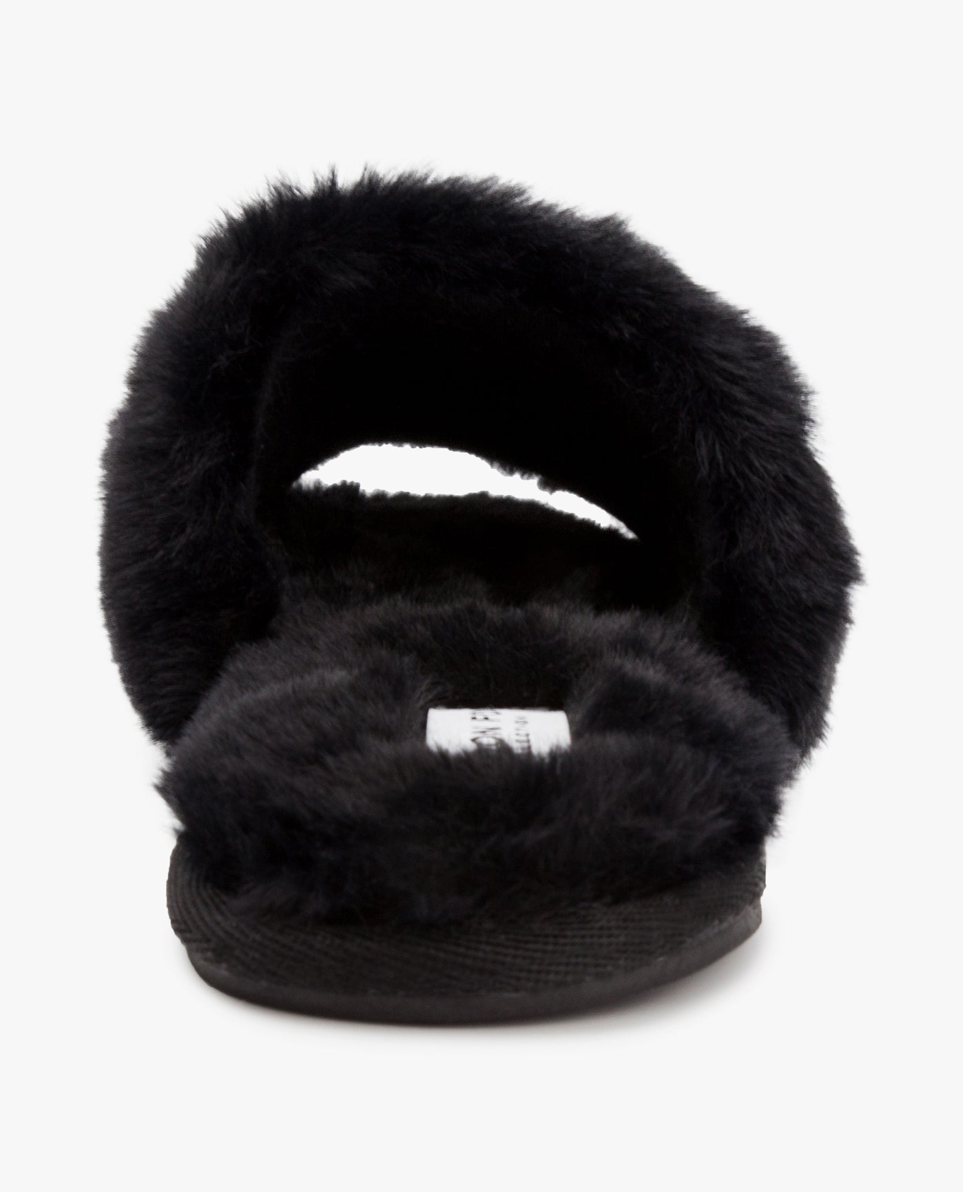 BACK VIEW OF WOMENS LILLY OPEN TOE FAUX FUR SLIPPER | ESO_BLACK_001