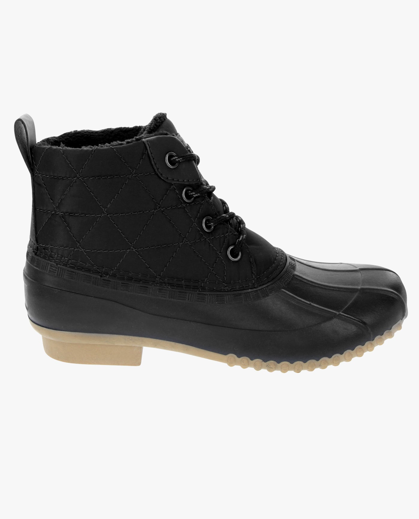SIDE VIEW  OF WOMENS WINLEY DUCK BOOT | ESO_BLACK_001