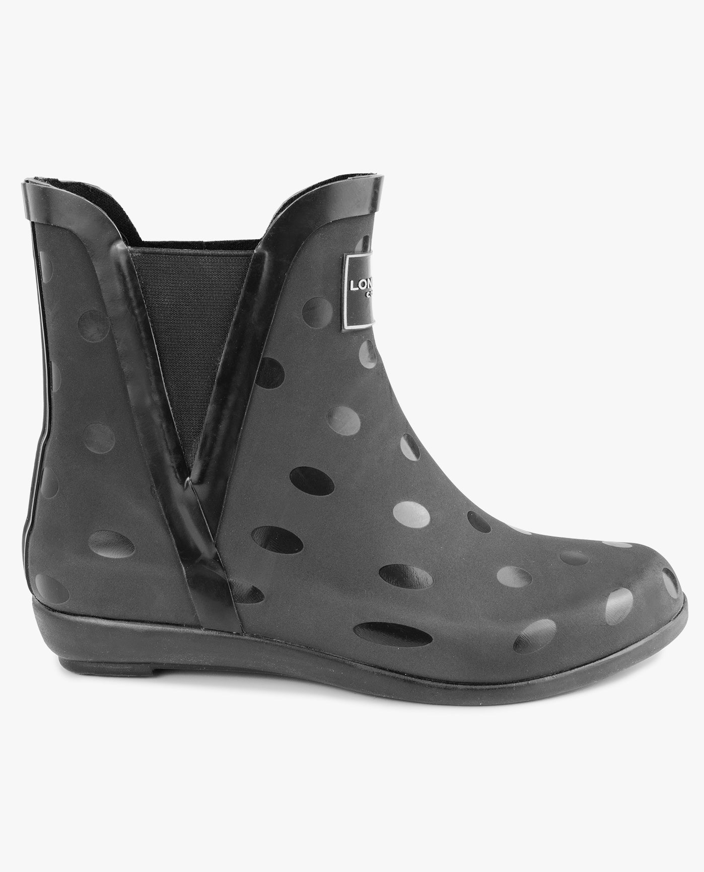 OTHER SIDE VIEW  OF WOMENS PICCADILLY ANKLE RAINBOOT | ESO_BLACK SHINY DOT_012