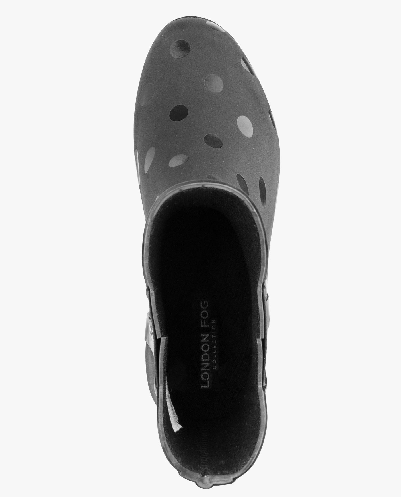 TOP VIEW  OF WOMENS PICCADILLY ANKLE RAINBOOT | ESO_BLACK SHINY DOT_012