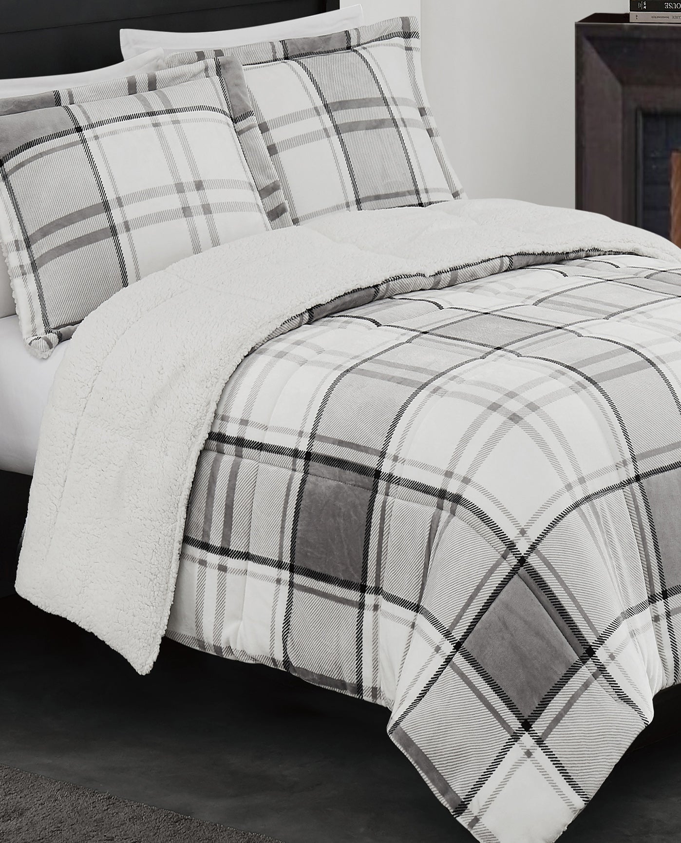 ZOOM IMAGE OF RONNIE PLAID 3 PIECE COMFORTER SET | PEM-Ronnie Grey-020