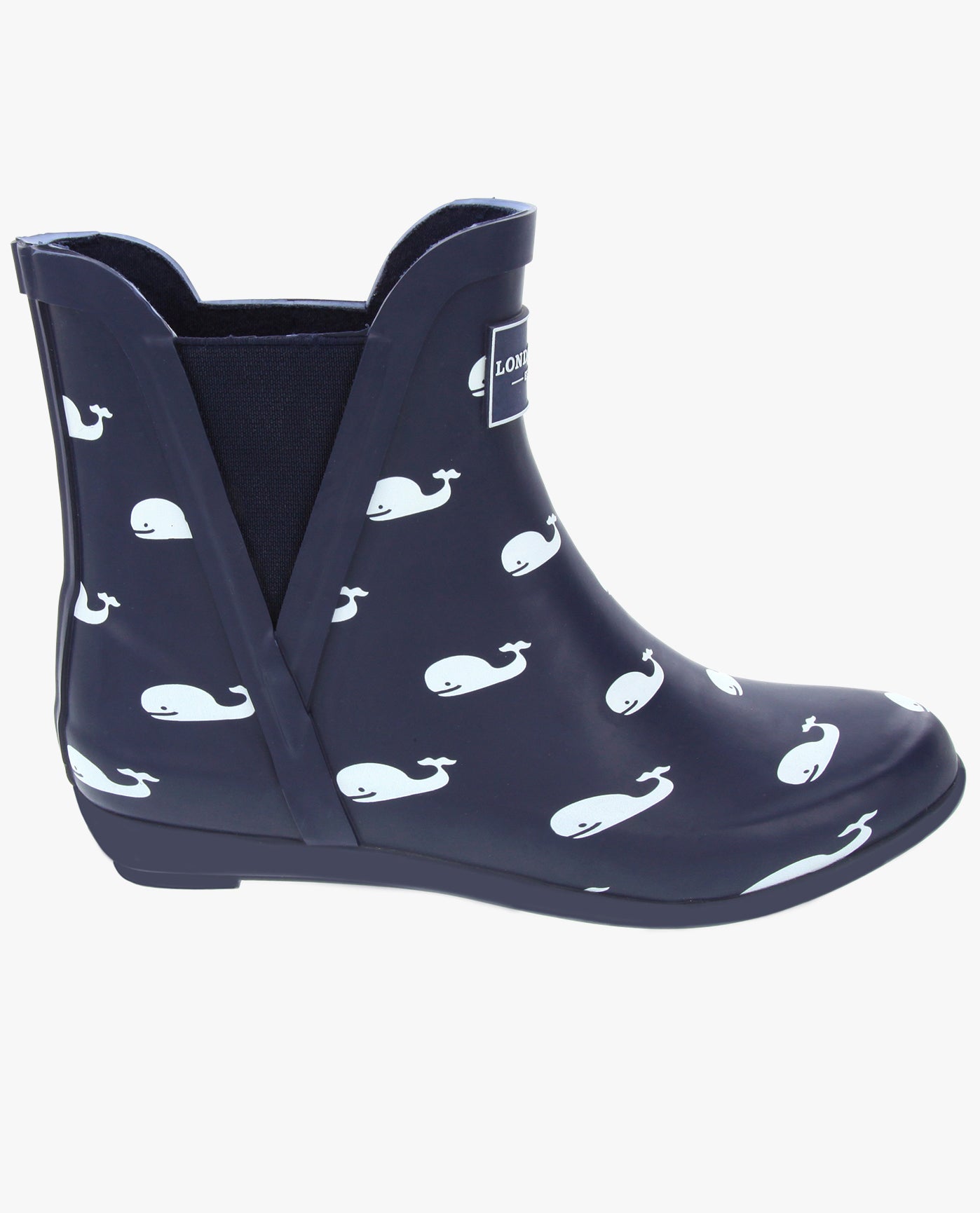 SIDE VIEW  OF WOMENS PICCADILLY ANKLE RAINBOOT | ESO_NAVY WHALES_410