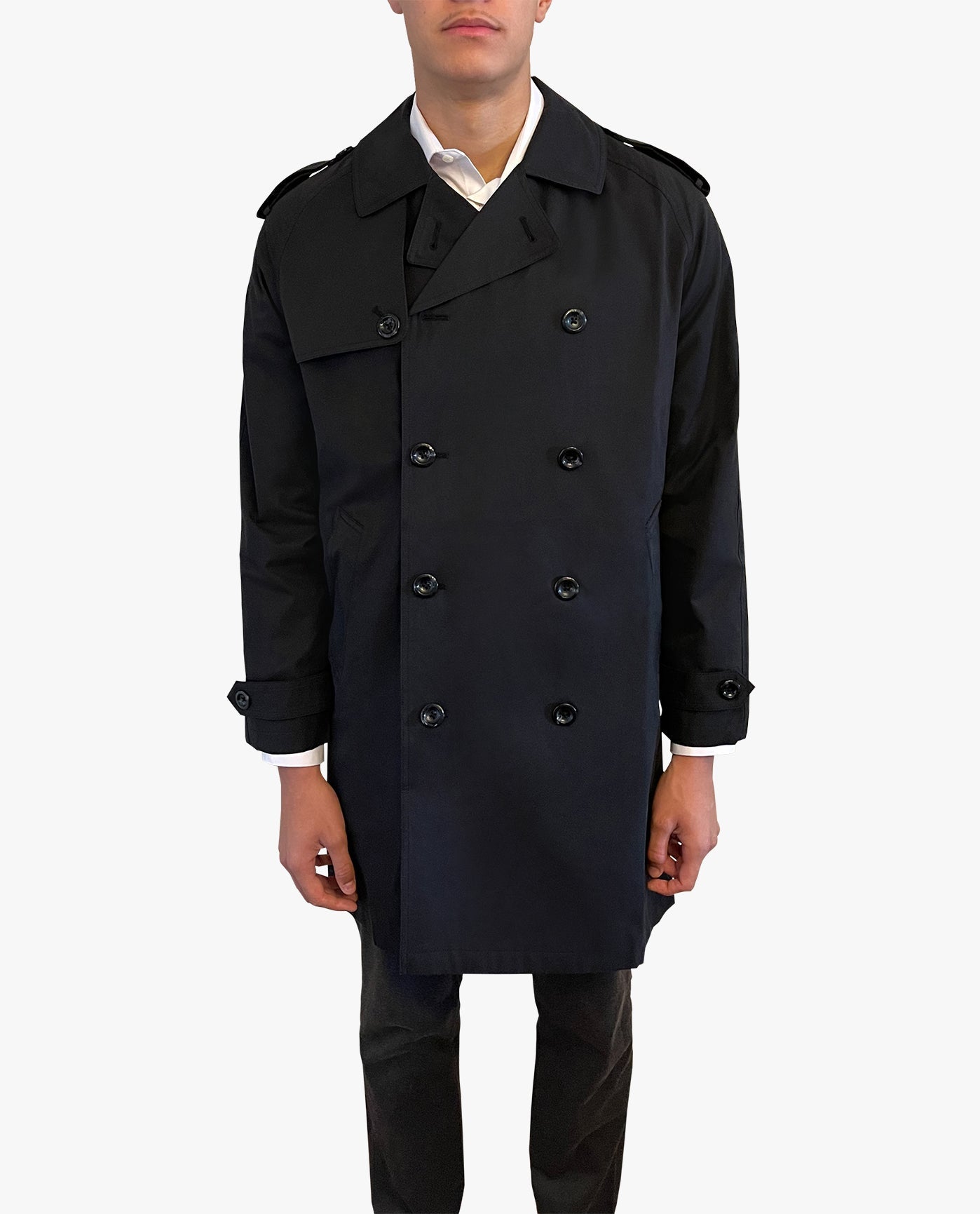 FRONT VIEW OF WESTWOOD DOUBLE BREASTED TRENCH COAT | BLACK