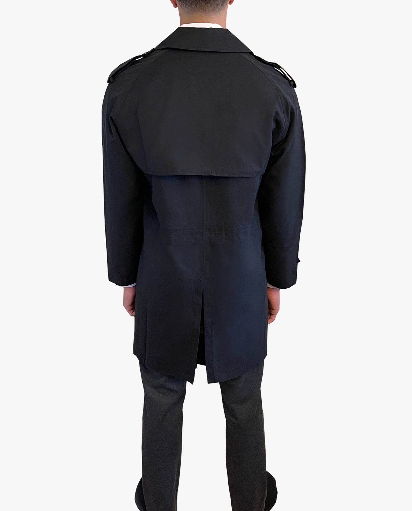 BACK VIEW OF WESTWOOD DOUBLE BREASTED TRENCH COAT | BLACK
